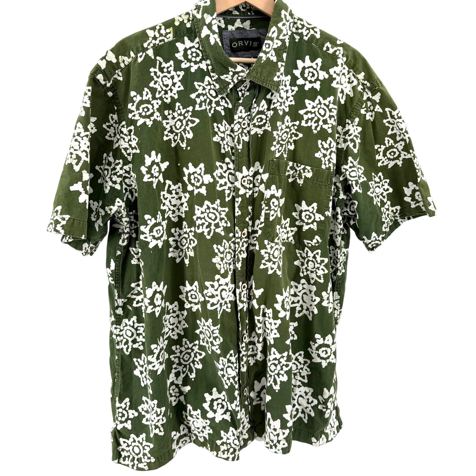 Orvis Olive Green Floral 100% Cotton Batik Print Short Sleeve Shirt