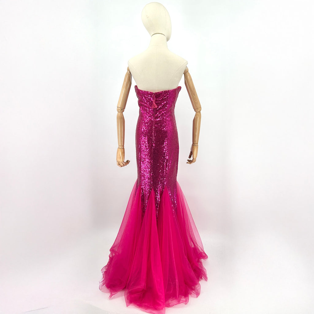 Vintage Y2k Custom Pink Sequin Mermaid Strapless Structured Gown