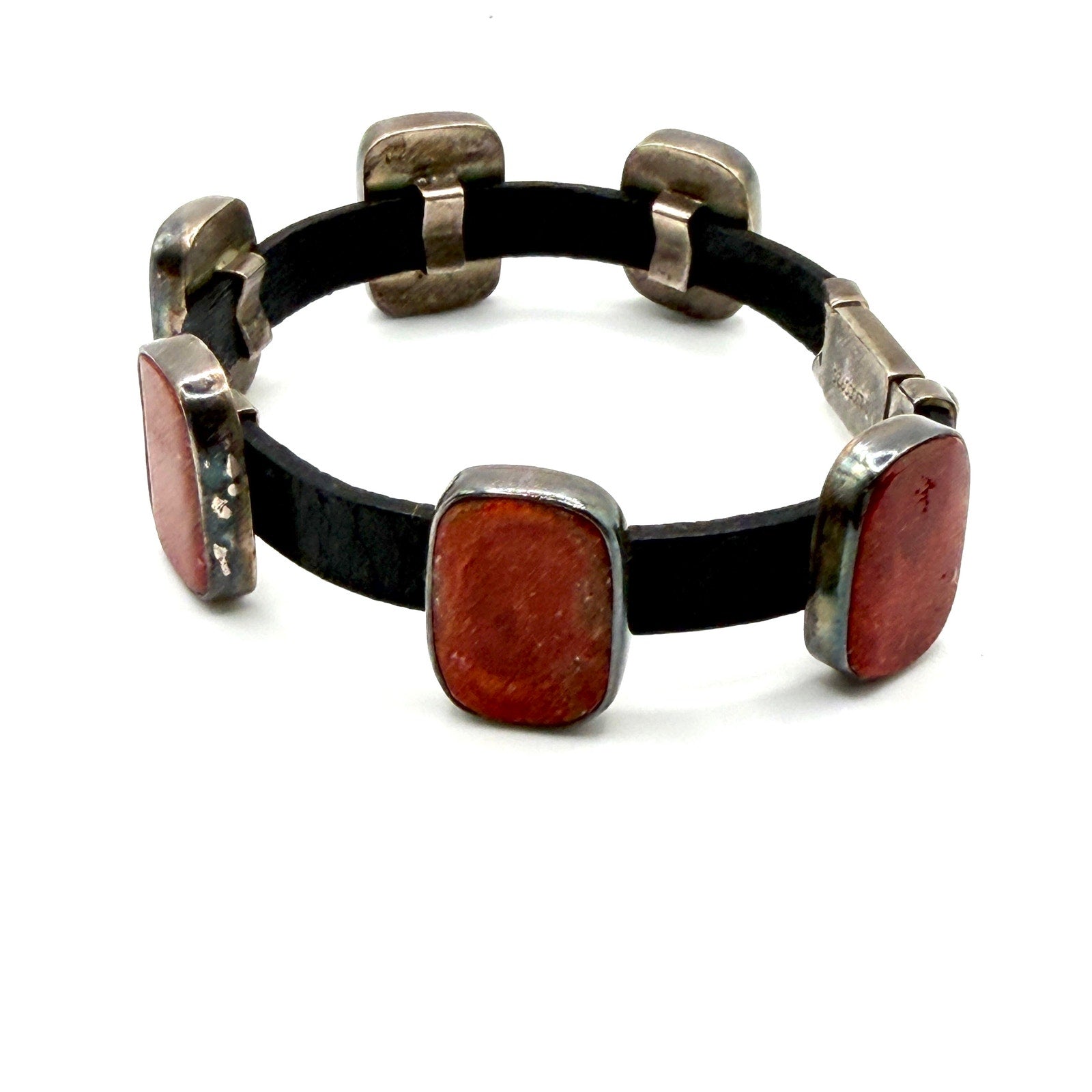 Vintage 90s Mexico Sterling Silver Red Coral Leather Panel Bracelet