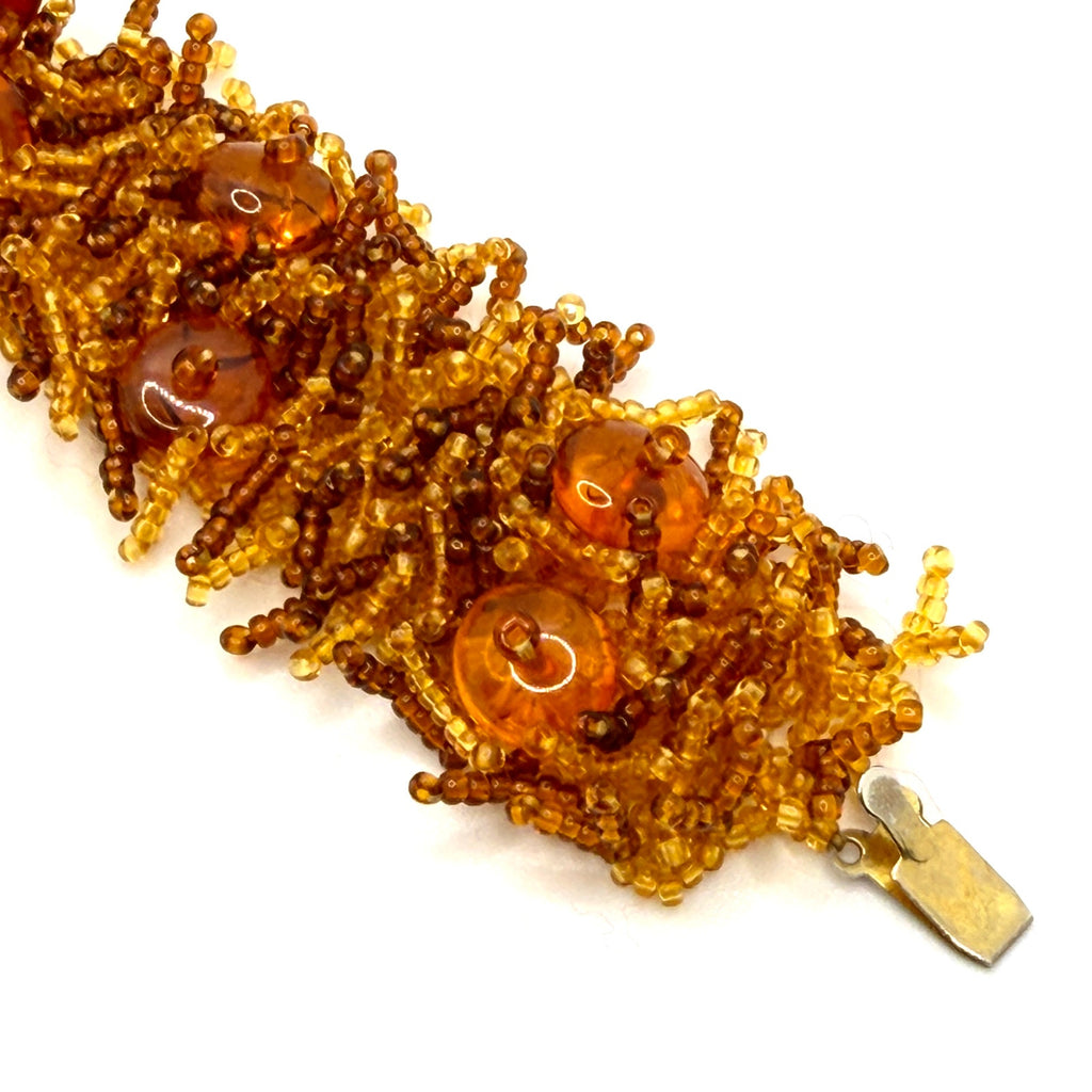 Vintage 90s Amber Gemstone Shag Fringe Beaded Statement Bracelet