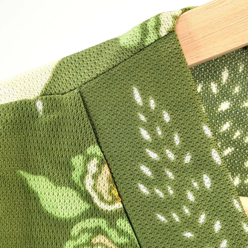 Vintage 70s Handmade Green Funky Leaf Print V-Neck Patio Midi Dress