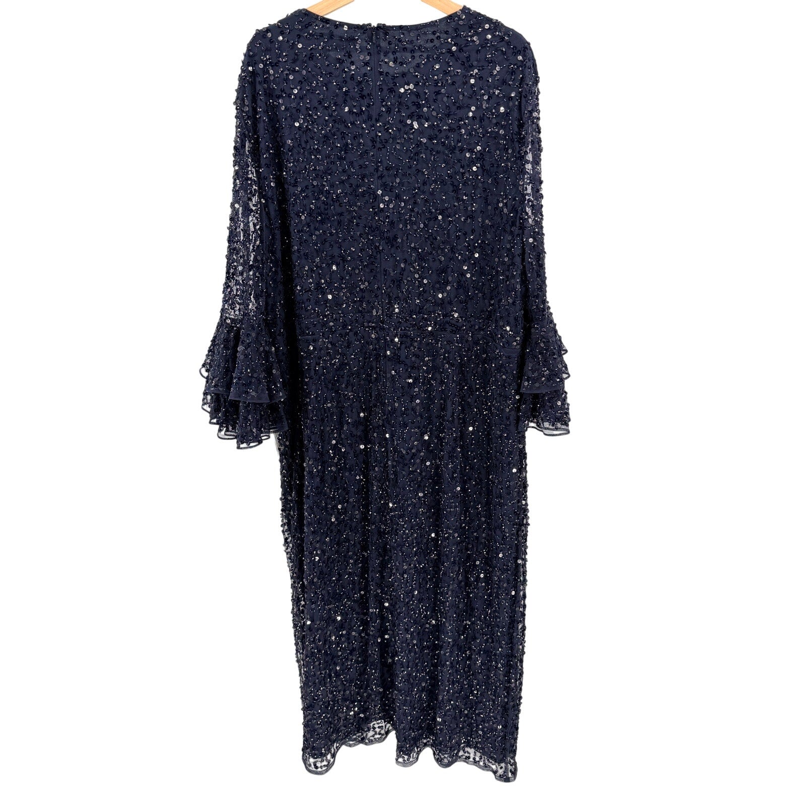 NWT Mac Duggal Navy Blue Sequin Tiered Ruffle Bell Sleeve Formal Cocktail Dress
