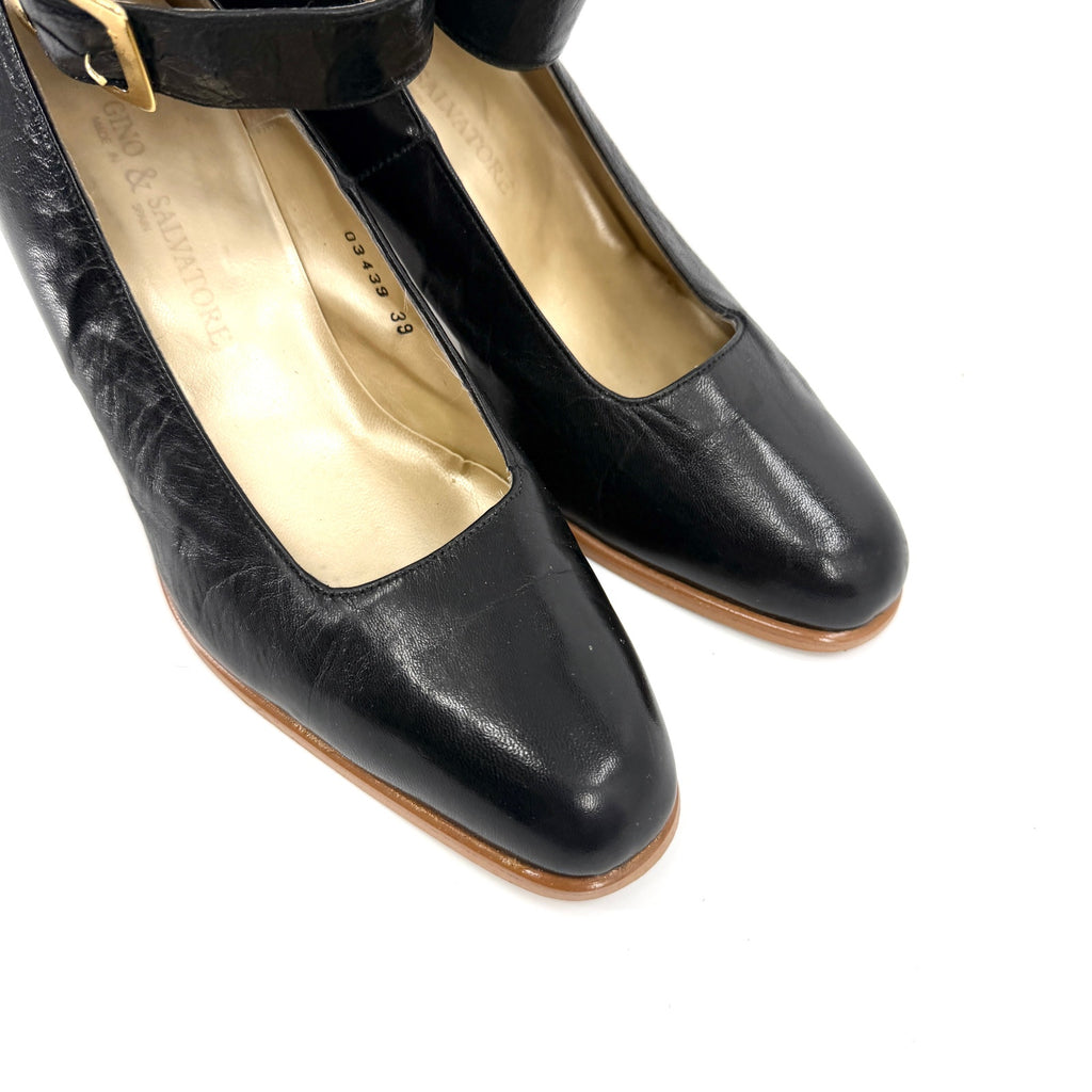 Vintage 90s Gino & Salvatore Black Leather Glam Block Heel Mary Jane Pumps