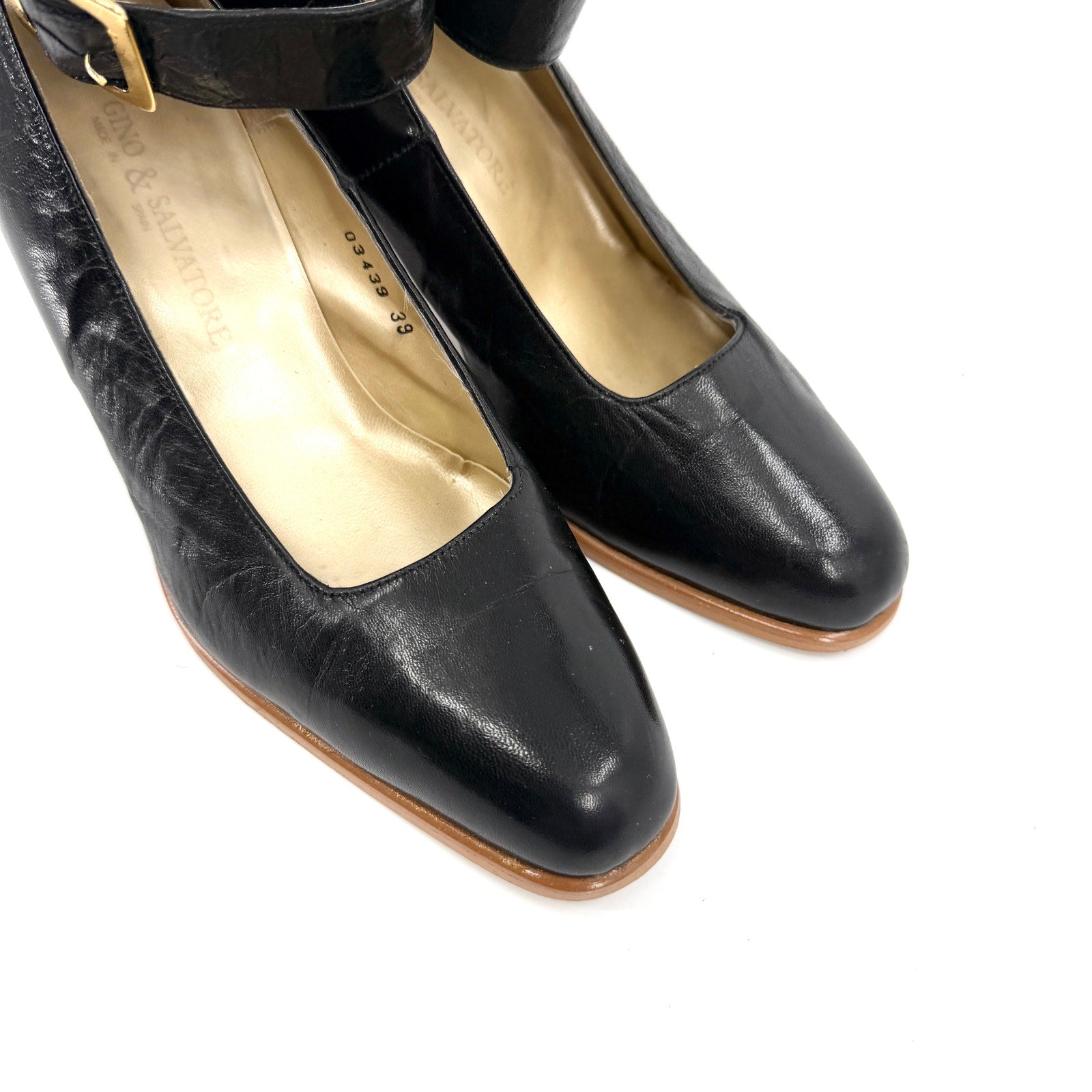 Vintage 90s Gino & Salvatore Black Leather Glam Block Heel Mary Jane Pumps