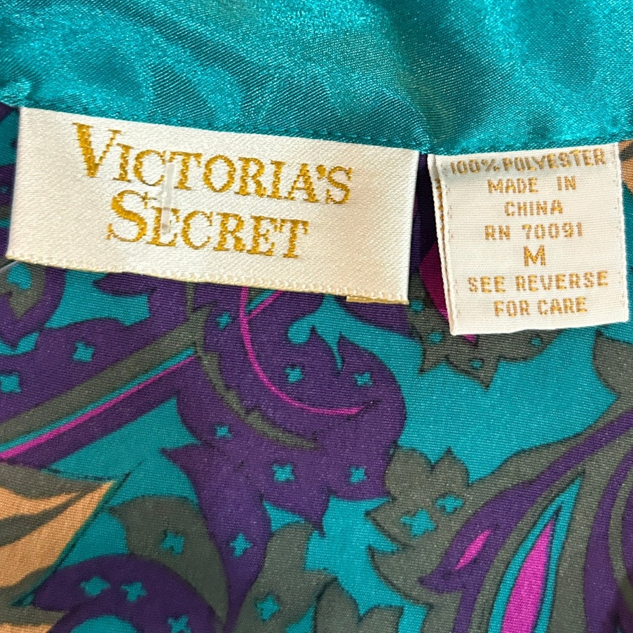 Vintage 90s Victoria's Secret Teal Floral Satin Lapel Sleepwear Robe