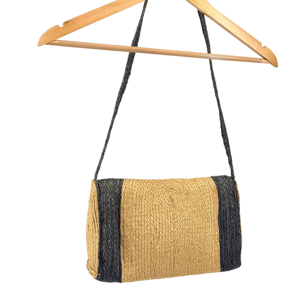 Vintage 80s Tan Blue Woven Straw Stripe Flap Shoulder Bag Purse