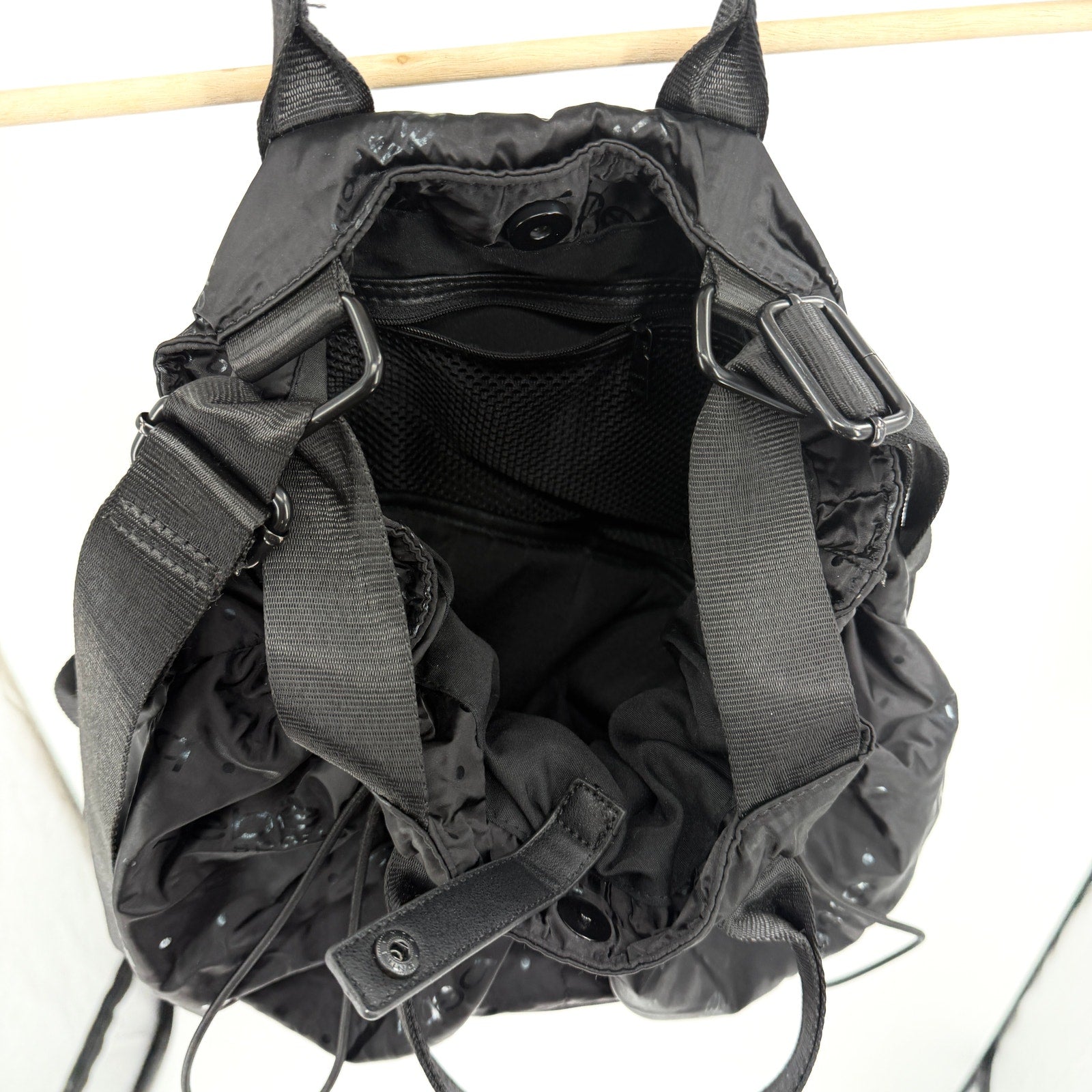 Vintage Y2K Bebe Sport Black Satin Logo Print Bungee Backpack