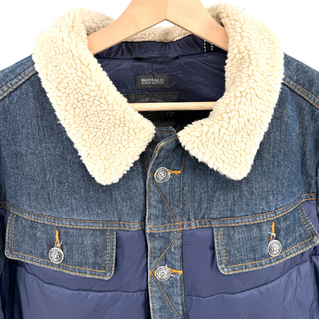 Buffalo David Bitton Navy Blue Denim Faux Shearling Puffer Jacket