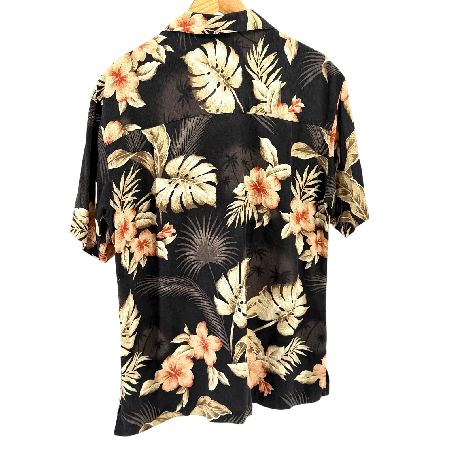 Vintage Y2K Island Shores Black Tan 100% Silk Tropical Hibiscus Button Up