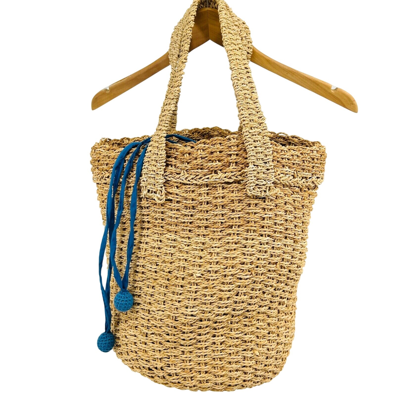 Vintage Tan Woven Straw Extra Large Boho Market Tote Basket Bag