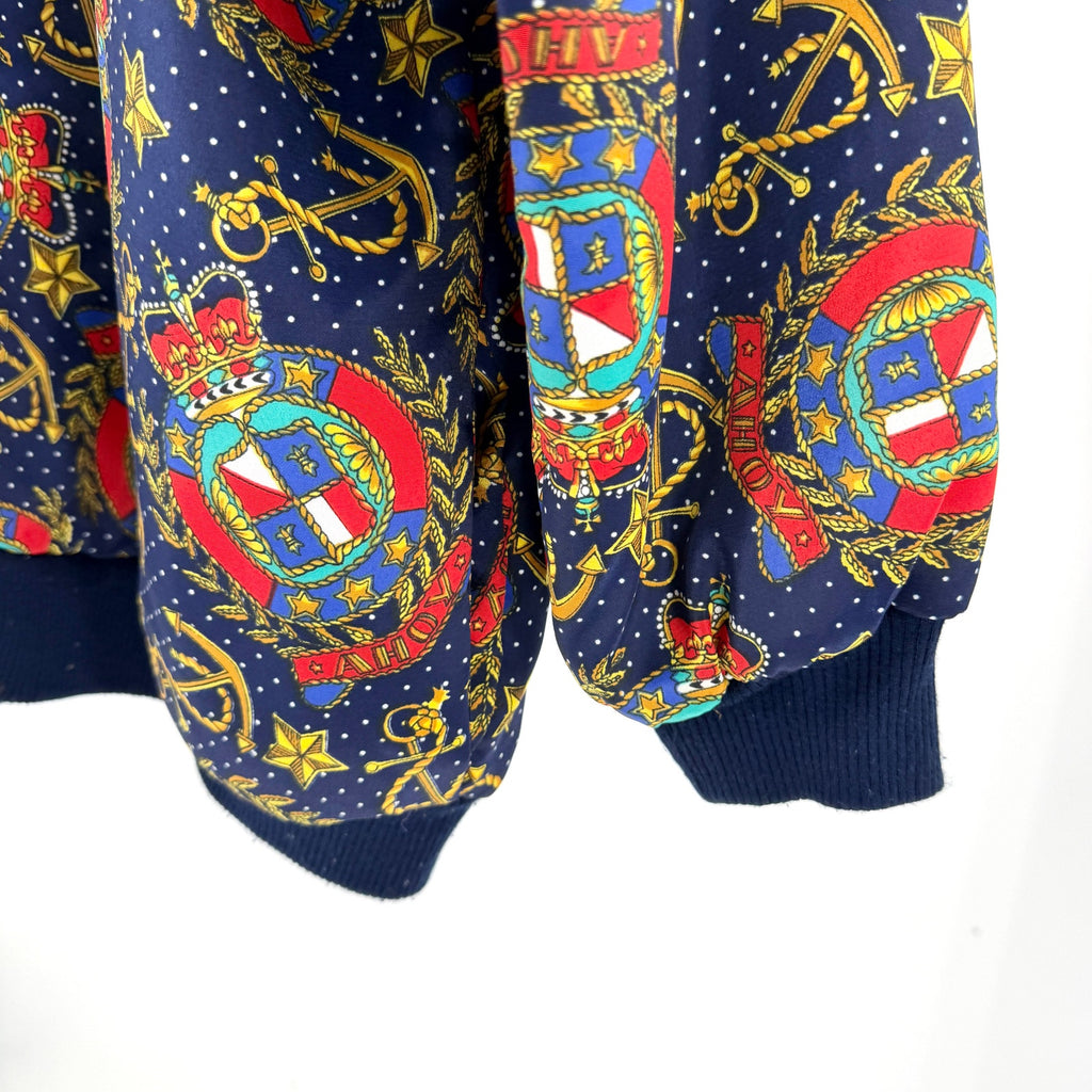 Vintage 80s Periphery Navy Nautical Anchor Crest Print Bomber Jacket