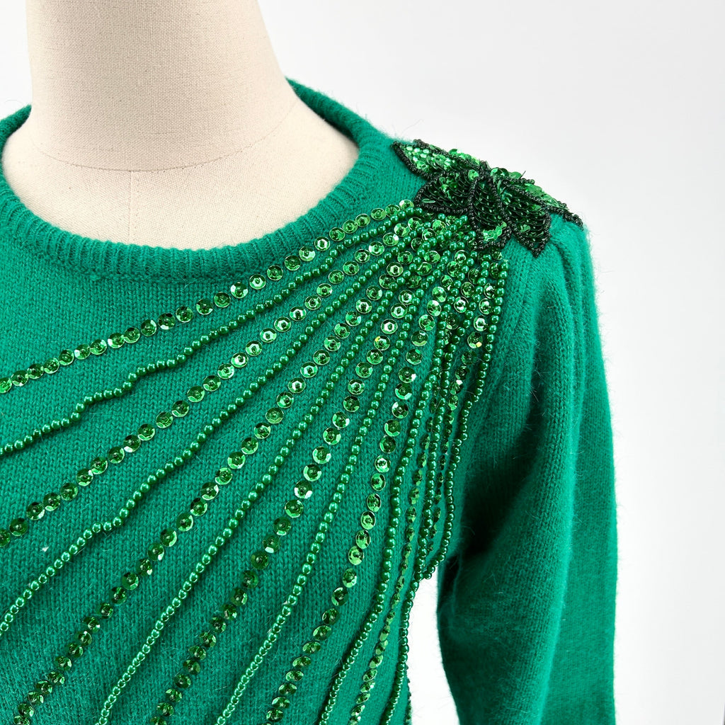 Vintage 80s Interim Green Sequin Shoulder Pad Knit Sweater Dress