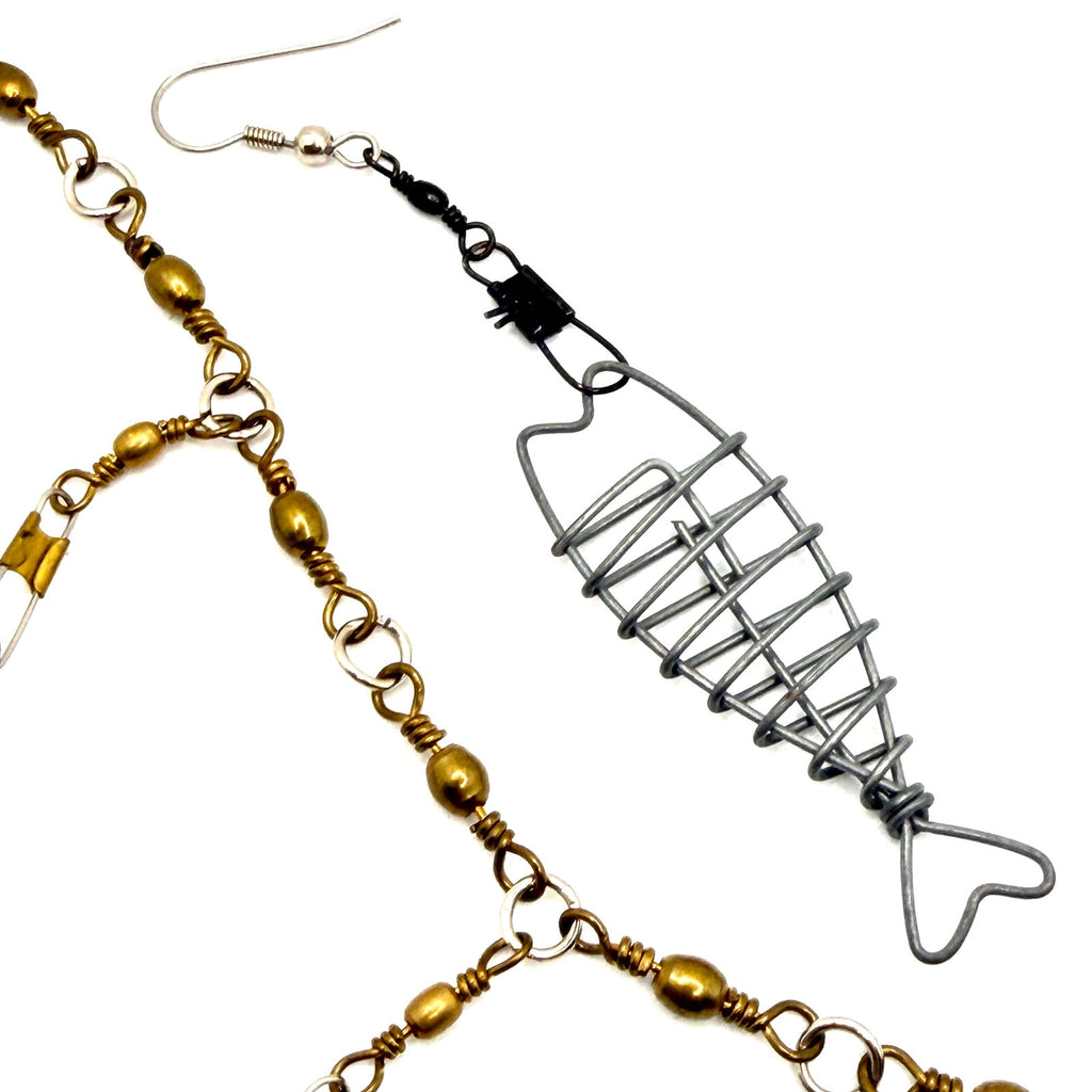 Vintage 90s Silver Brass Wire Fishing Swivel Fish Skeleton Charm Jewelry Set