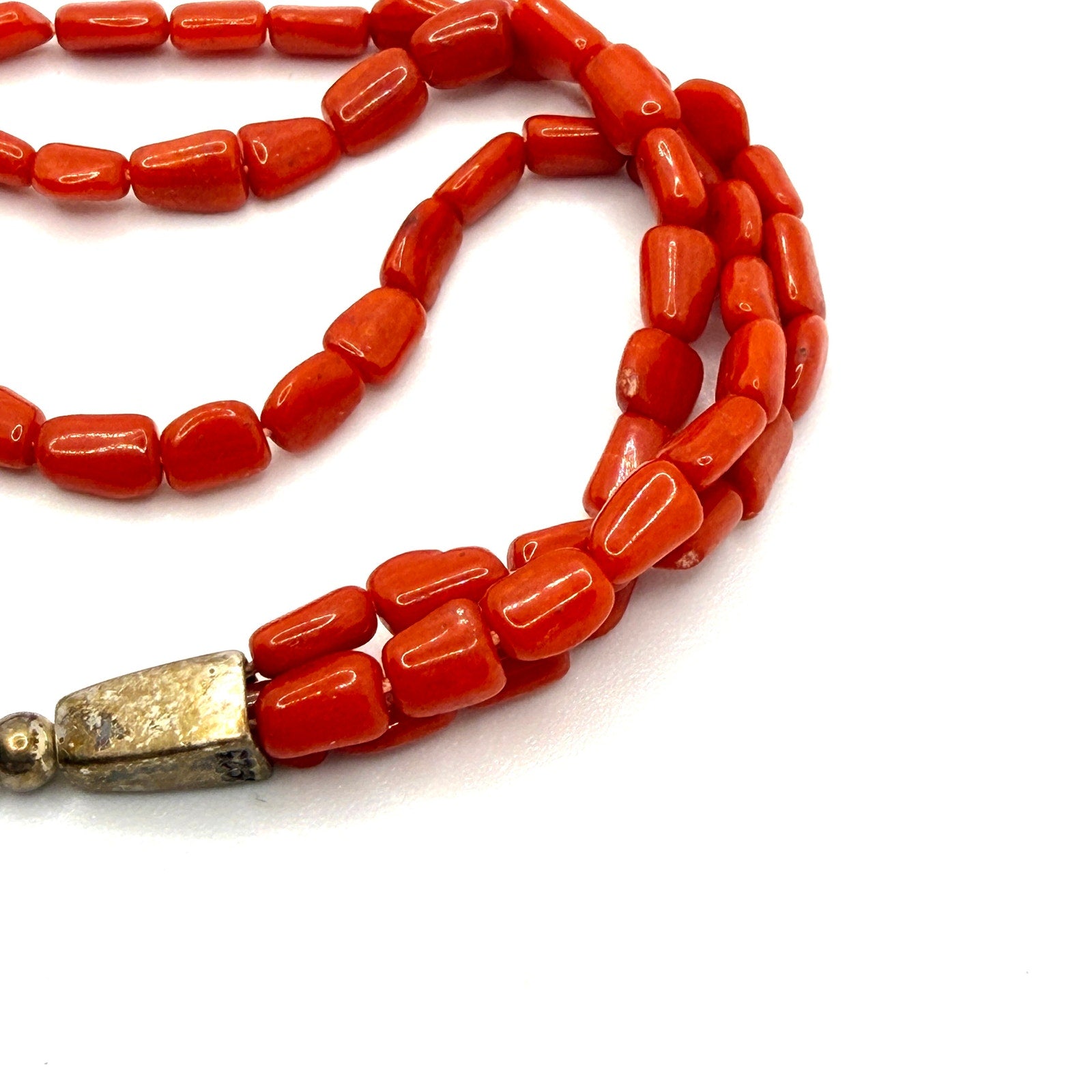 Vintage 90s Stamped Sterling Silver Red Coral Three Strand Bead Bracelet