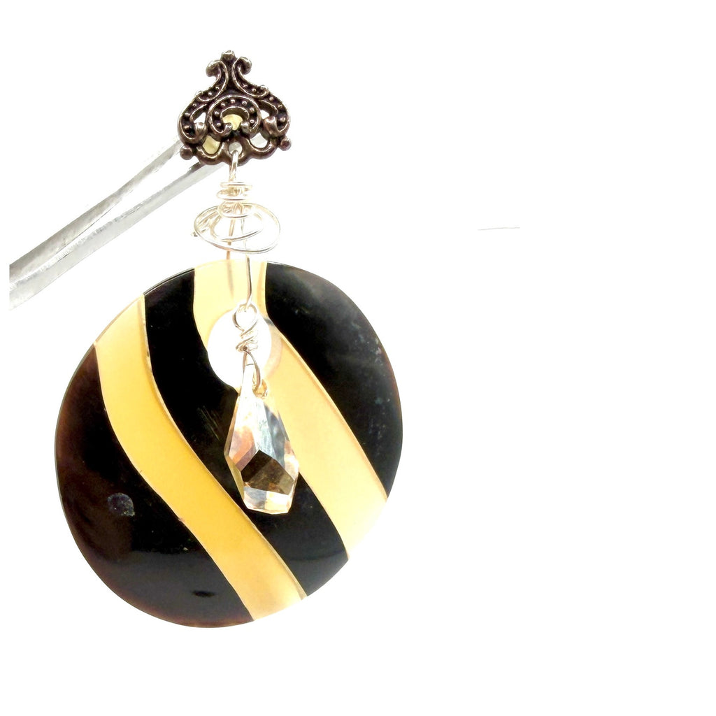 Vintage 90s Sterling Silver Black Tan Striped Resin Tribal Maximal Drop Earrings
