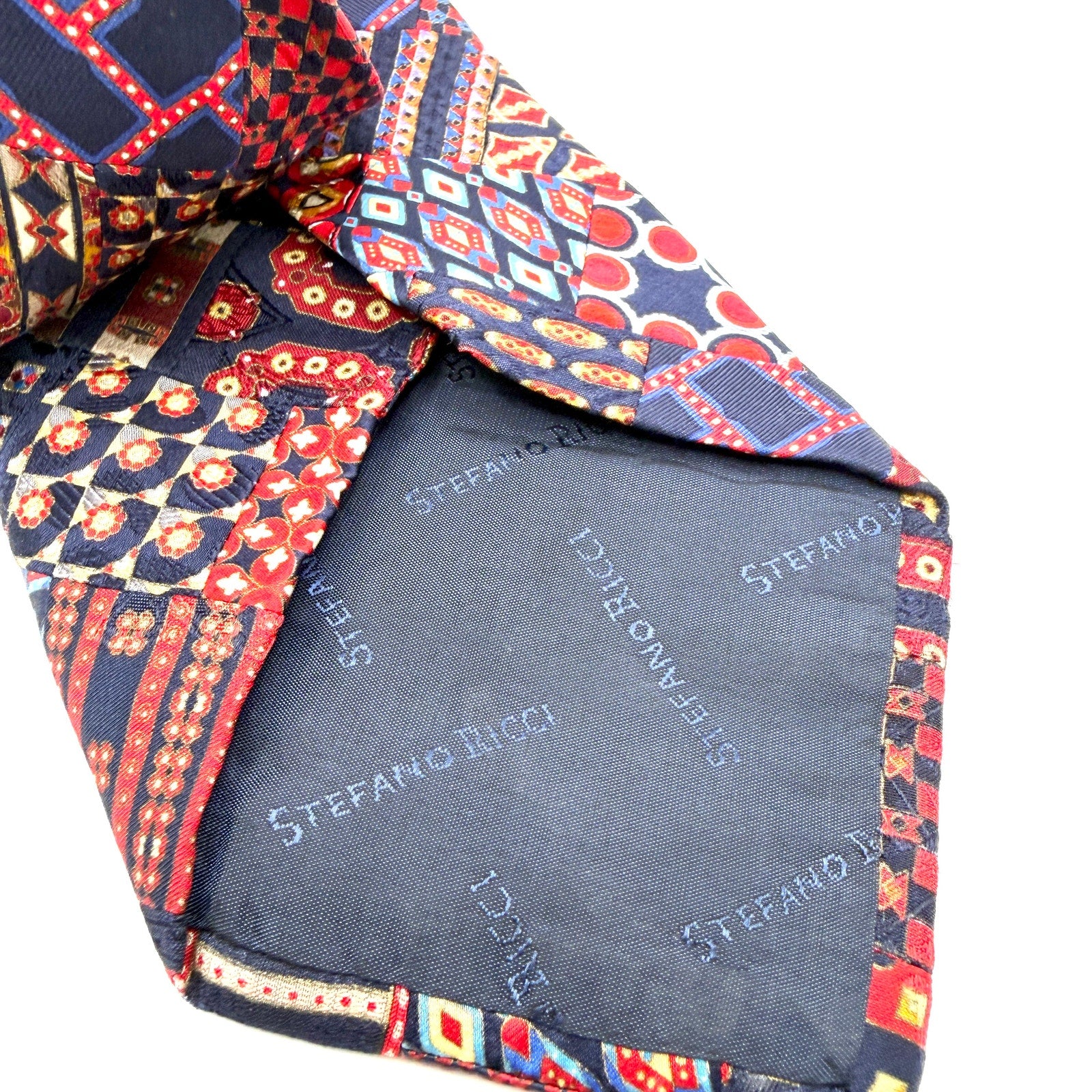 Vintage 90s Stefano Ricci Navy Red 100% Silk Patchwork Geometric Luxury Necktie