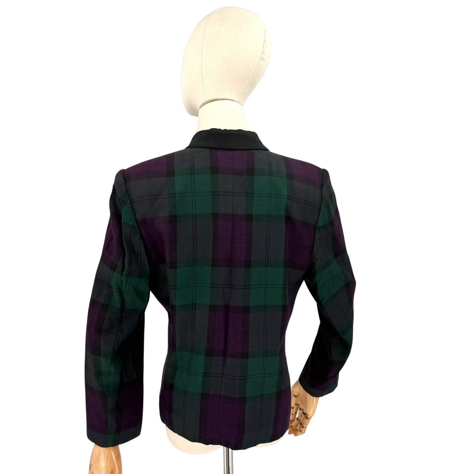 Vintage 90s Le Suit Petite Forest Green Purple Tartan Plaid Blazer Jacket