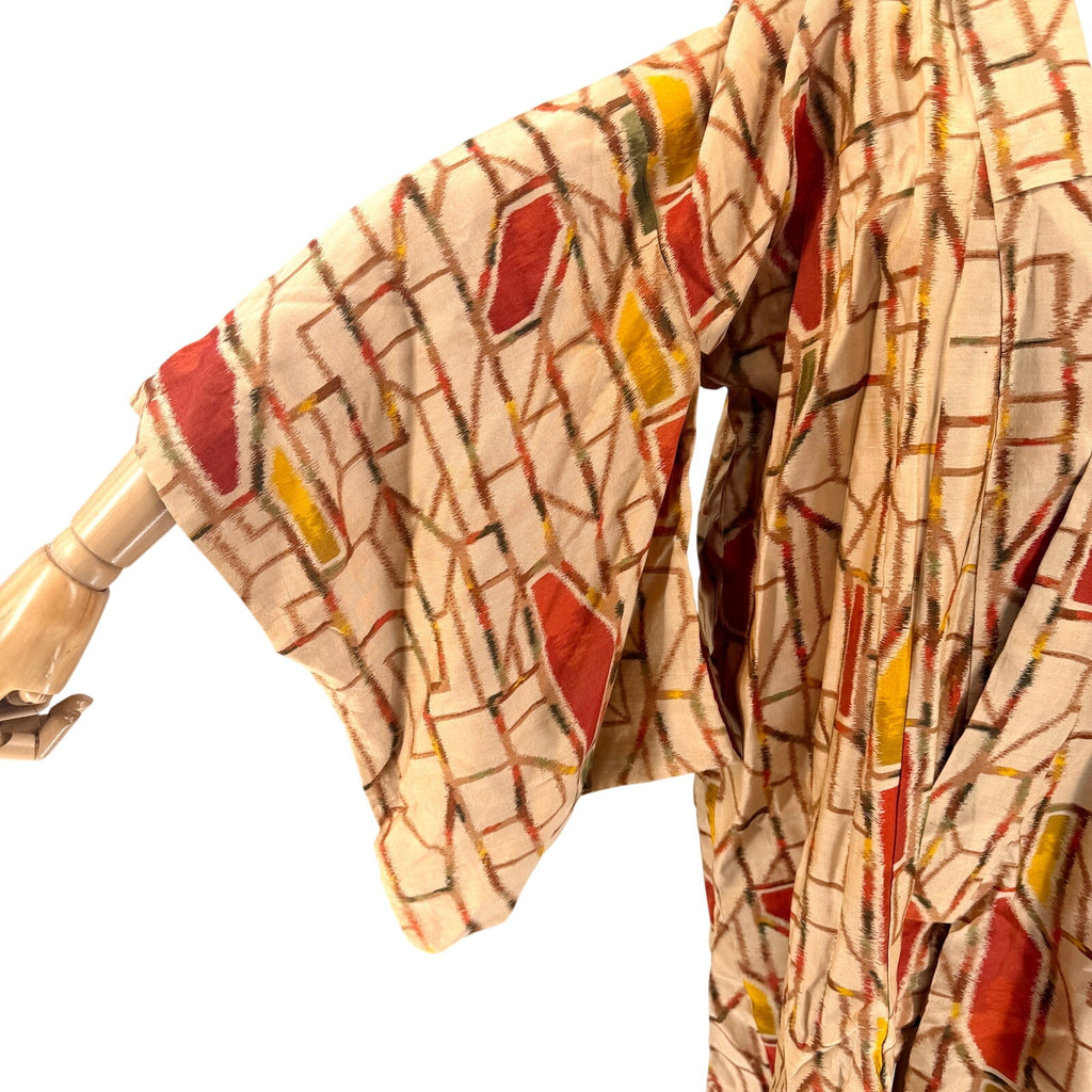 Vintage 60s Showa Era Beige Brick 100% Woven Kasuri Ikat Silk Kimono Robe