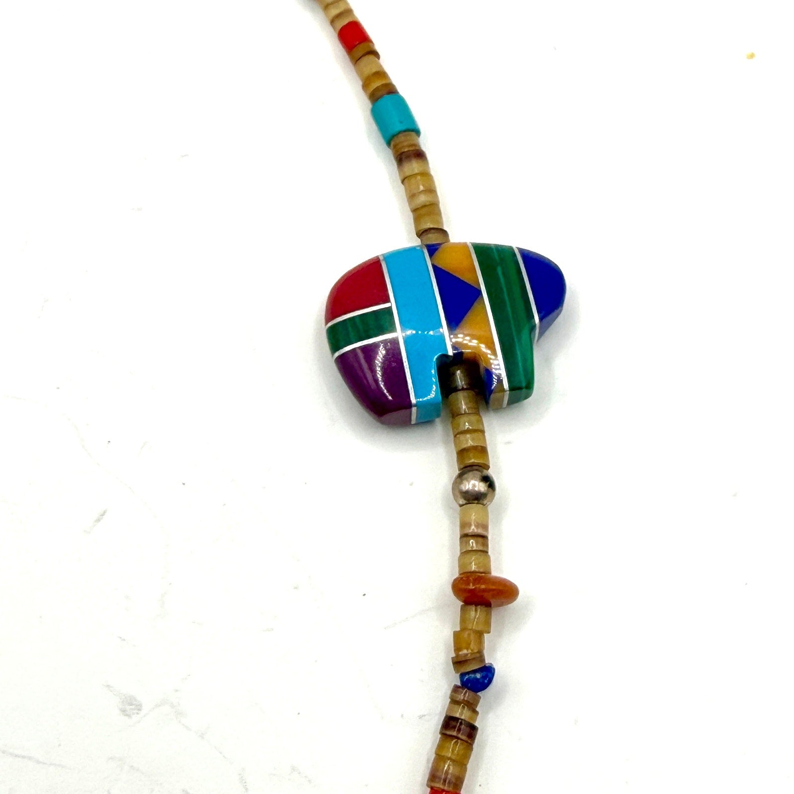 Vintage 90s Multi Stone Inlay Zuni Bear Heishe Fetish Strand Pendant Necklace