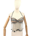 Vintage Y2K Silver Peach Sequin Beaded Fringe Showgirl Costume Bra Top