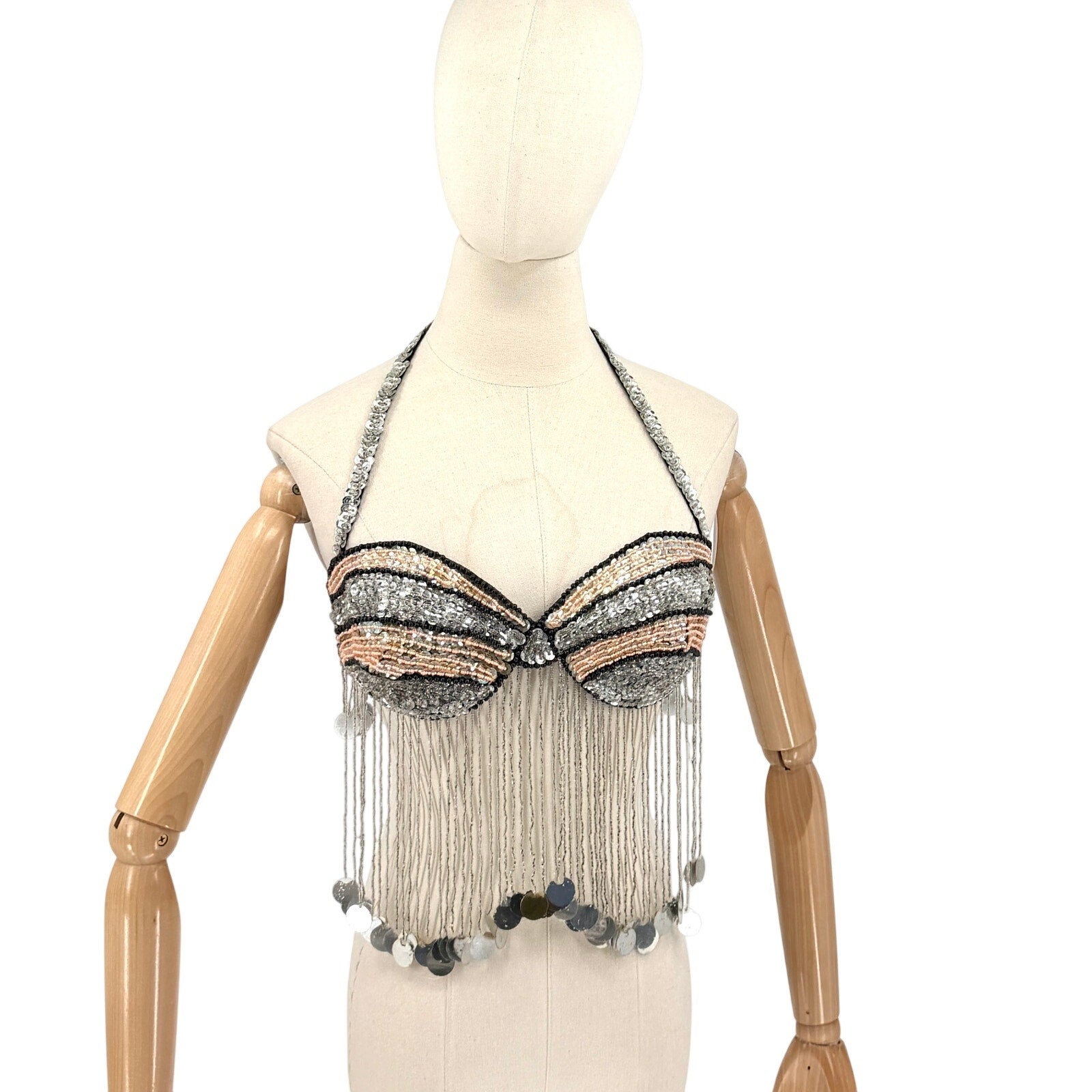 Vintage Y2K Silver Peach Sequin Beaded Fringe Showgirl Costume Bra Top
