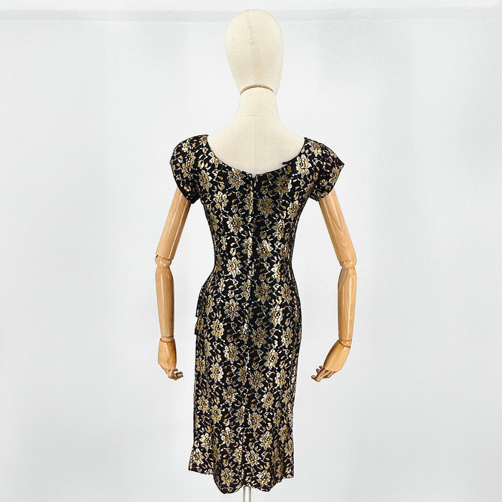 Vintage 50s/60s Black Gold Metallic Floral Lace Evening Cocktail Dress
