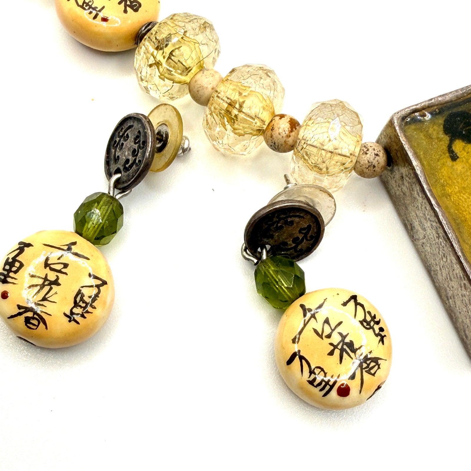 Vintage 90s Chico's Yellow Amber Chinoiserie Geisha Necklace Earring Set