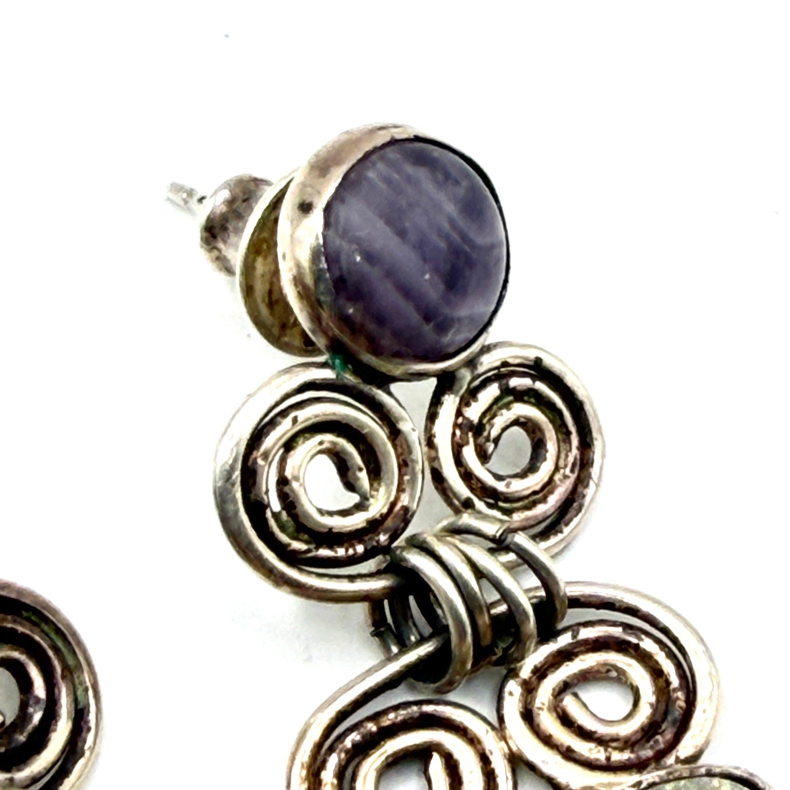 Vintage 90s Sterling Silver Amethyst Druzy Scroll Drop Earrings