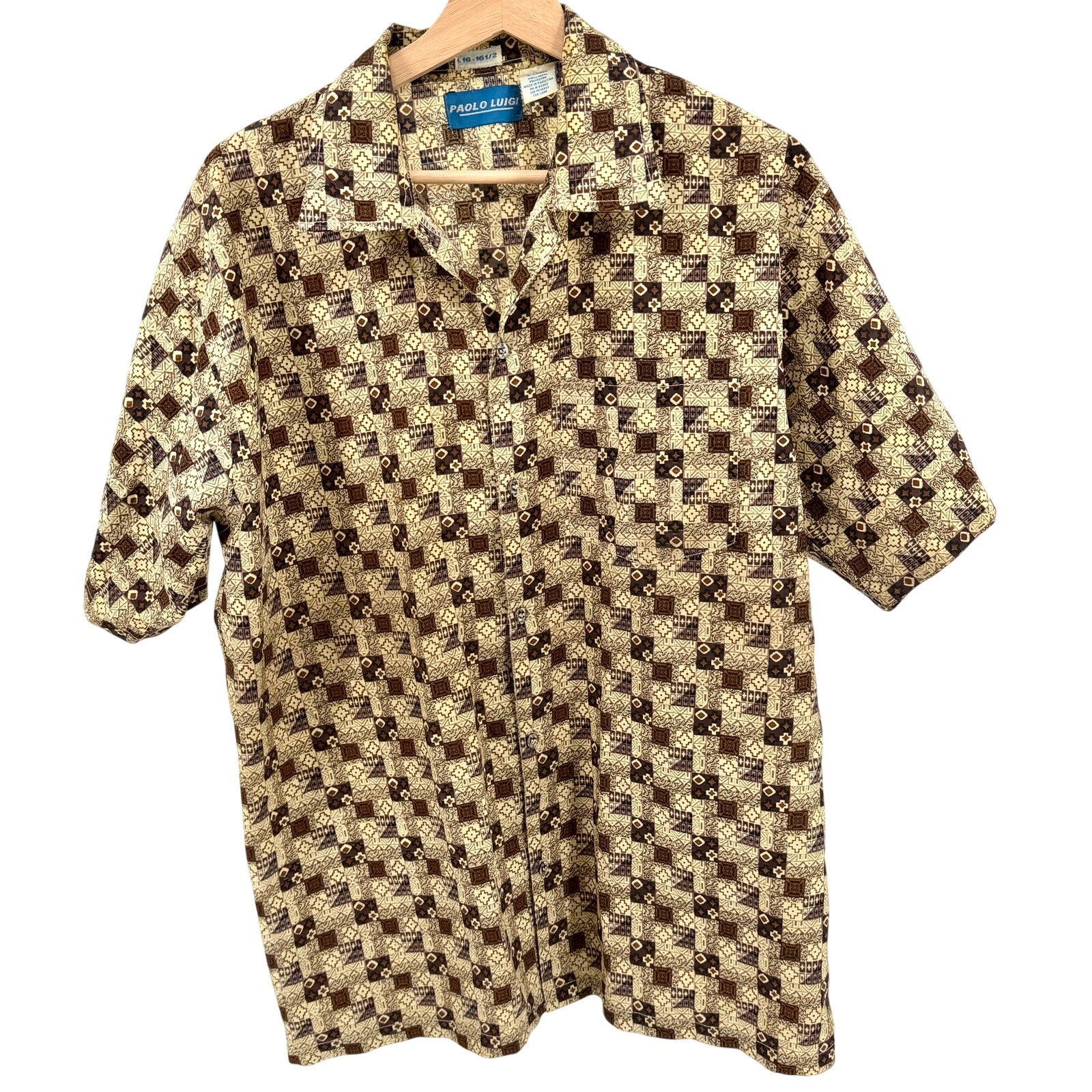 Vintage 90s Paolo Luigi Brown Geometric Short Sleeve Button Up Shirt