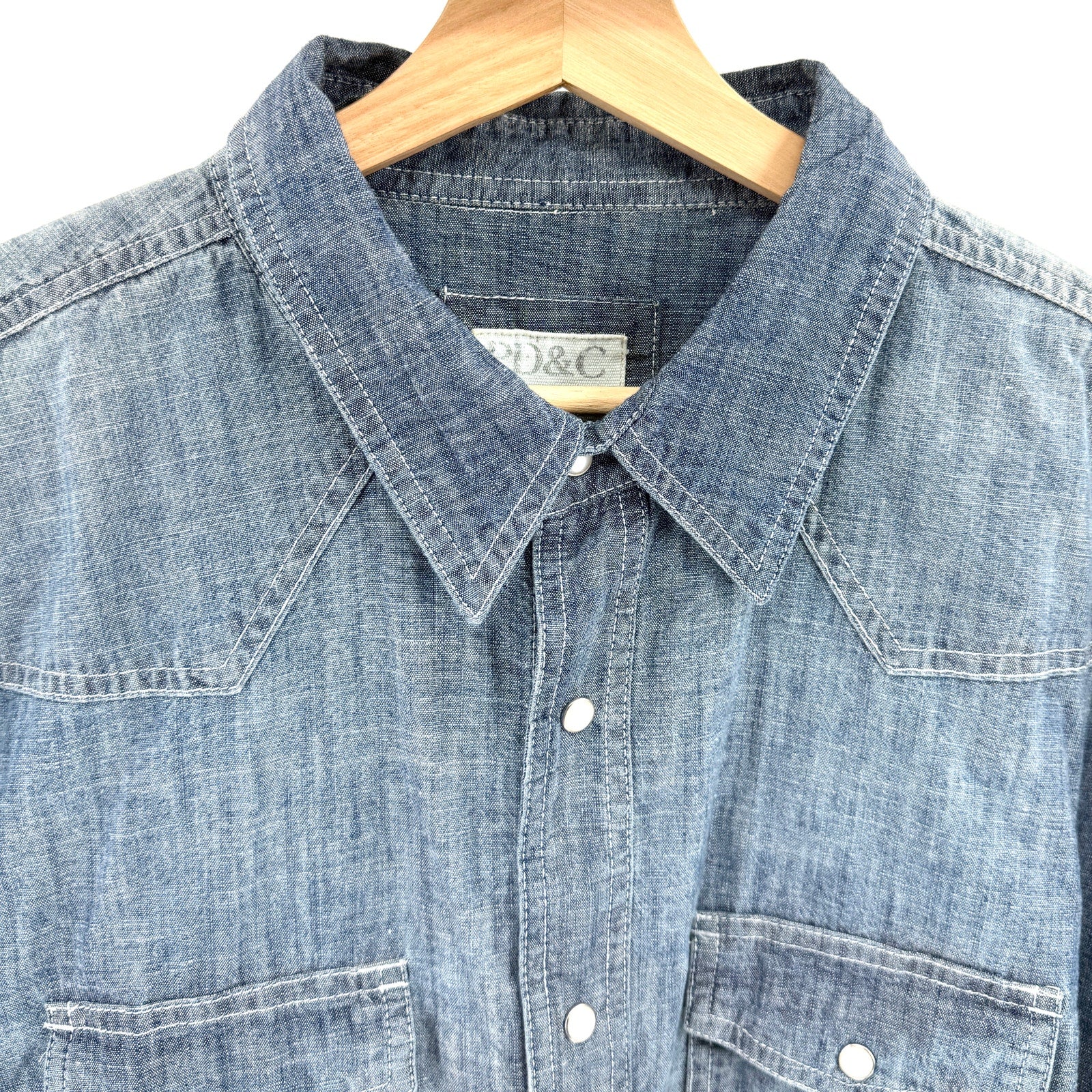 PD&C Blue Denim Chambray 100% Cotton Pearl Snap Western Button Down Shirt