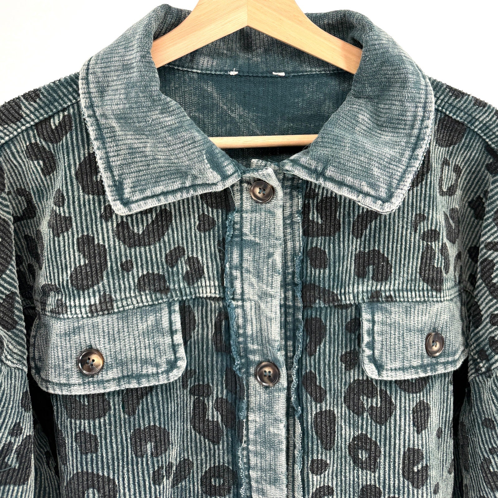 Bibi Vintage Washed Green Sage Corduroy Leopard Spot Button Down Shacket Jacket
