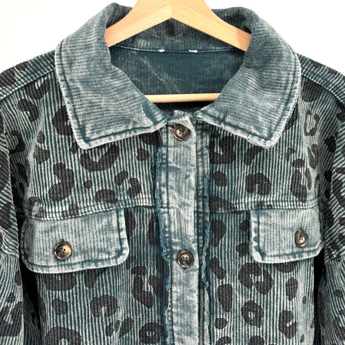 Bibi Vintage Washed Green Sage Corduroy Leopard Spot Button Down Shacket Jacket