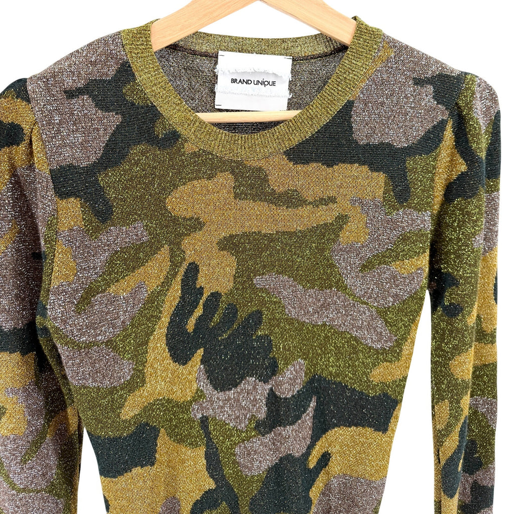 Brand Unique Metallic Gold Green Camo Print Puff Sleeve Sweater