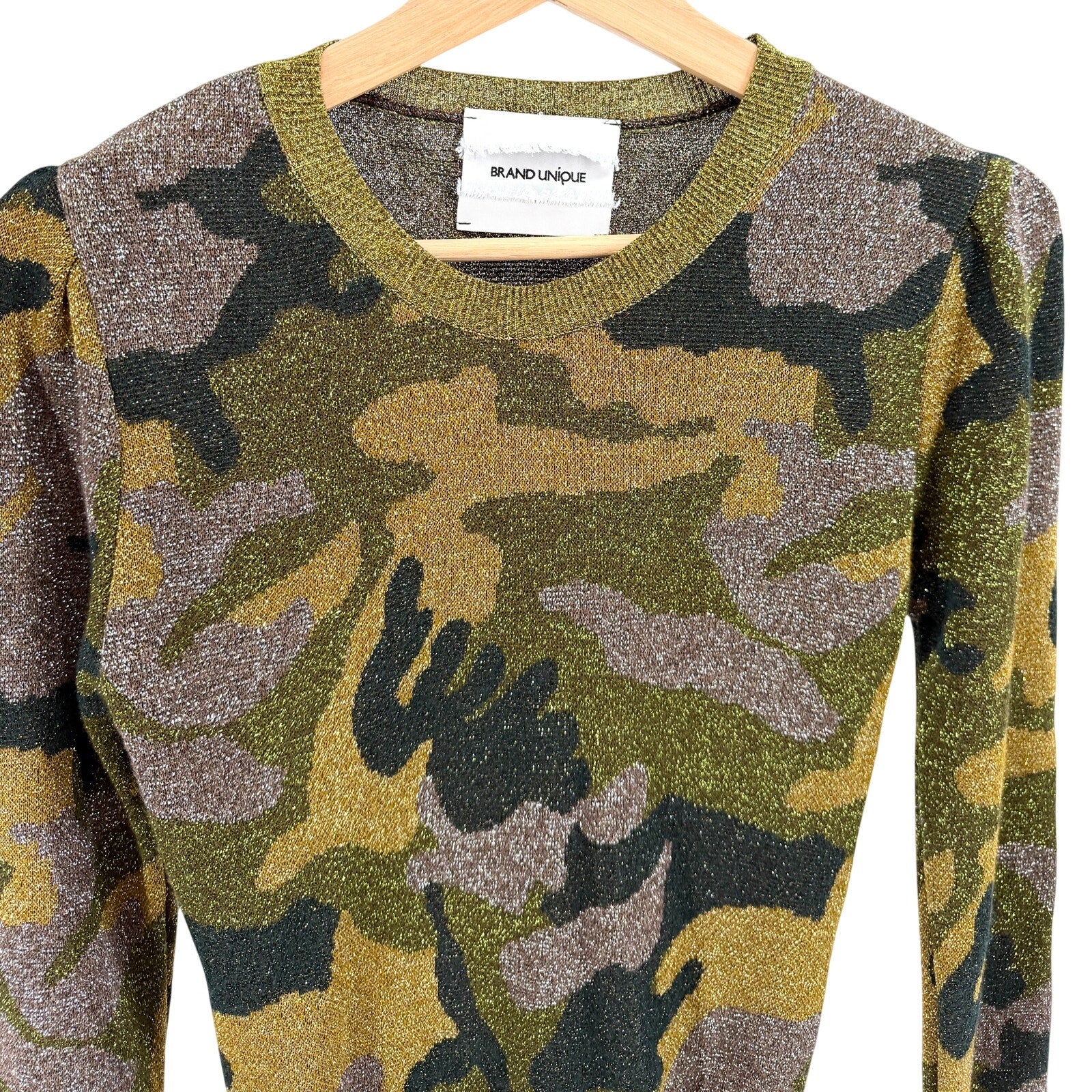 Brand Unique Metallic Gold Green Camo Print Puff Sleeve Sweater
