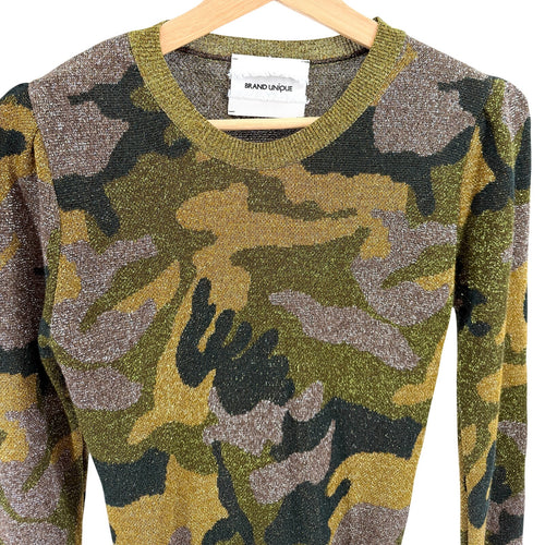 Brand Unique Metallic Gold Green Camo Print Puff Sleeve Sweater