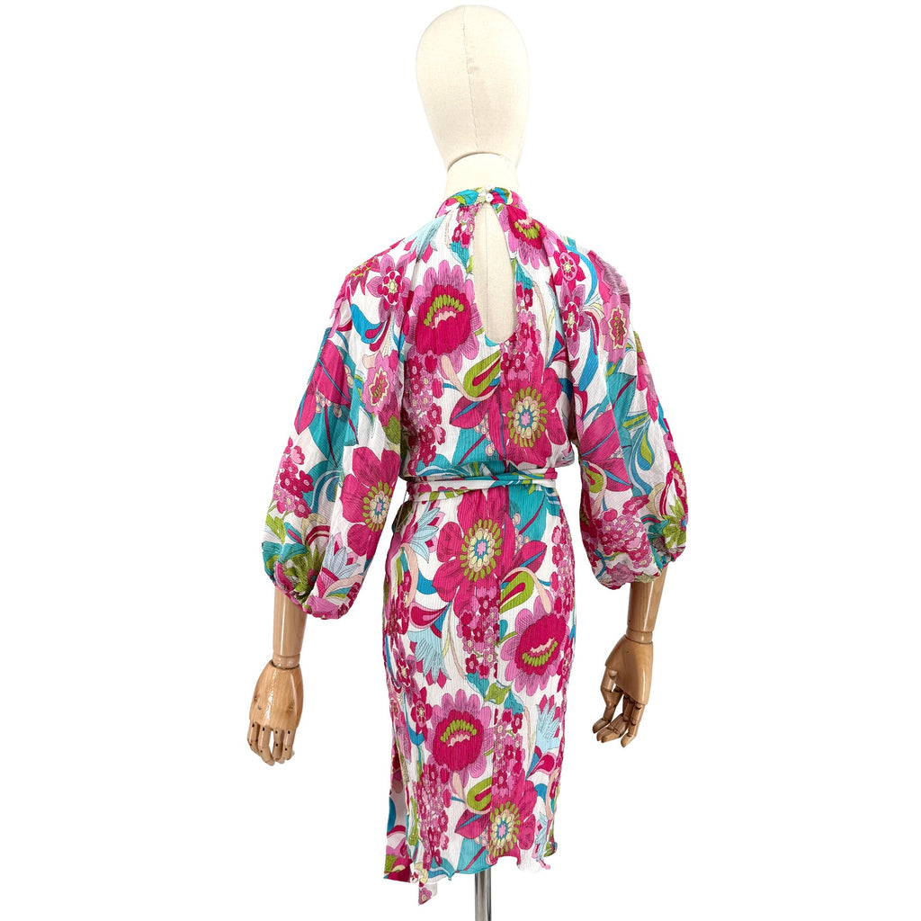 Trina Turk Pink Blue Floral Silk Blend Plissé Mini Dress