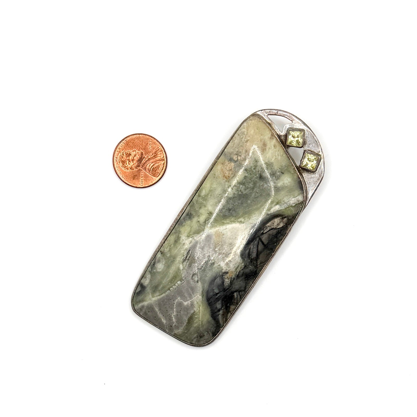 Vintage Massive Sterling Silver Green Serpentine Peridot Brooch Pendant