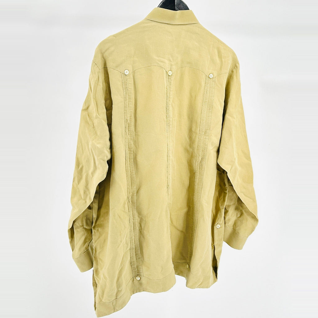 Vintage 70s Cafe Versailles Miami Tan Cotton Linen Long Sleeve Guayabera