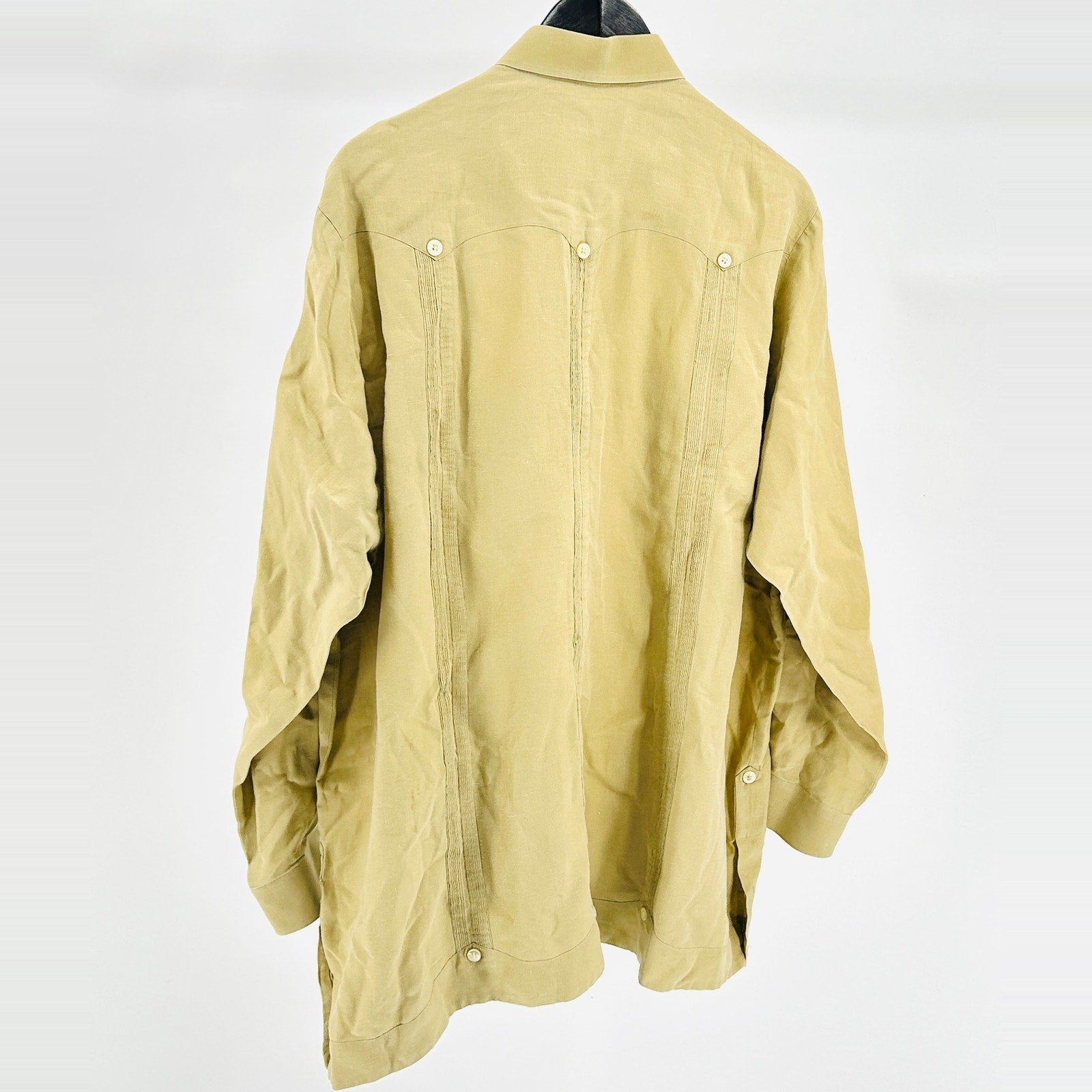 Vintage 70s Cafe Versailles Miami Tan Cotton Linen Long Sleeve Guayabera