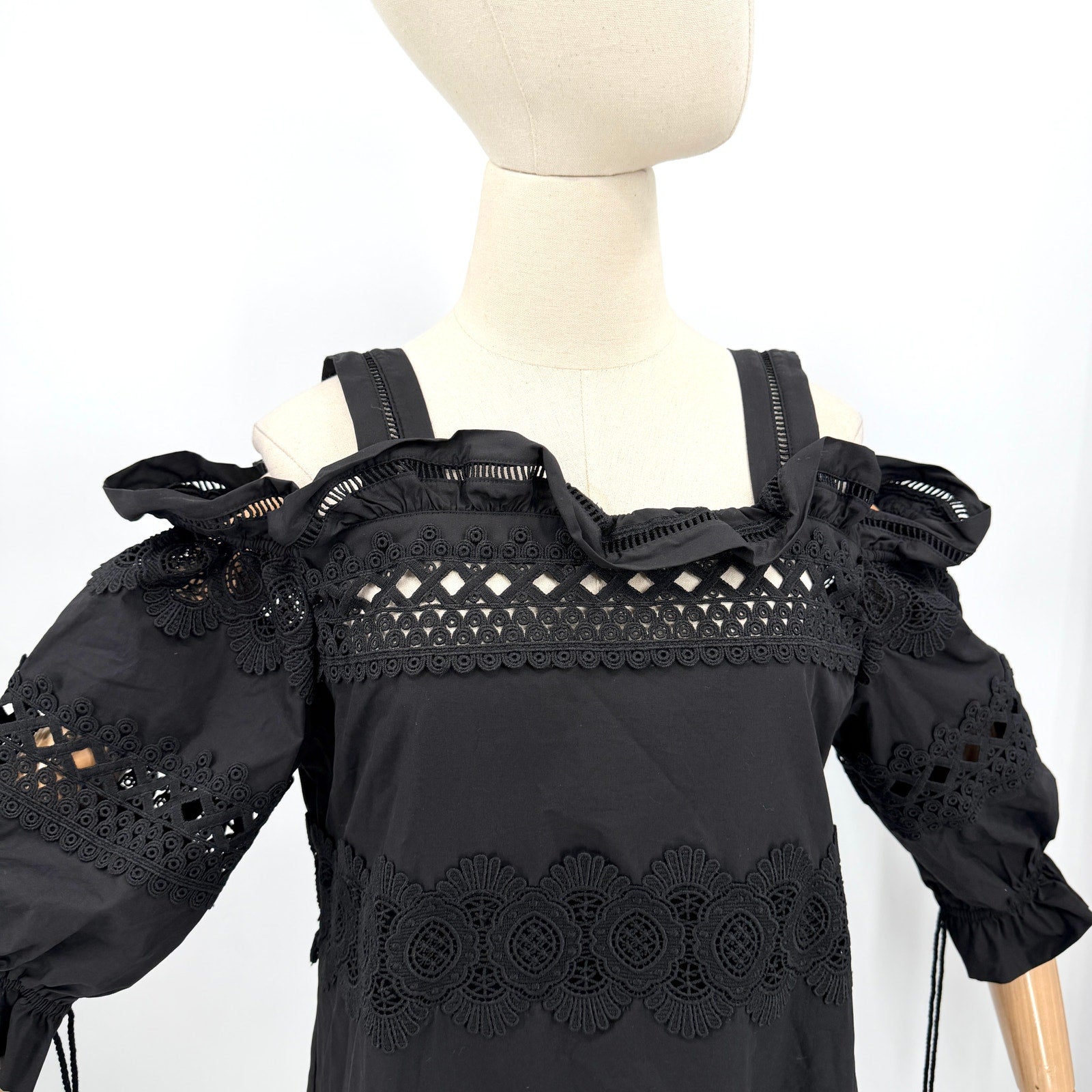 Gracia Black 100% Cotton Lace Cold Shoulder Ruffle Dress