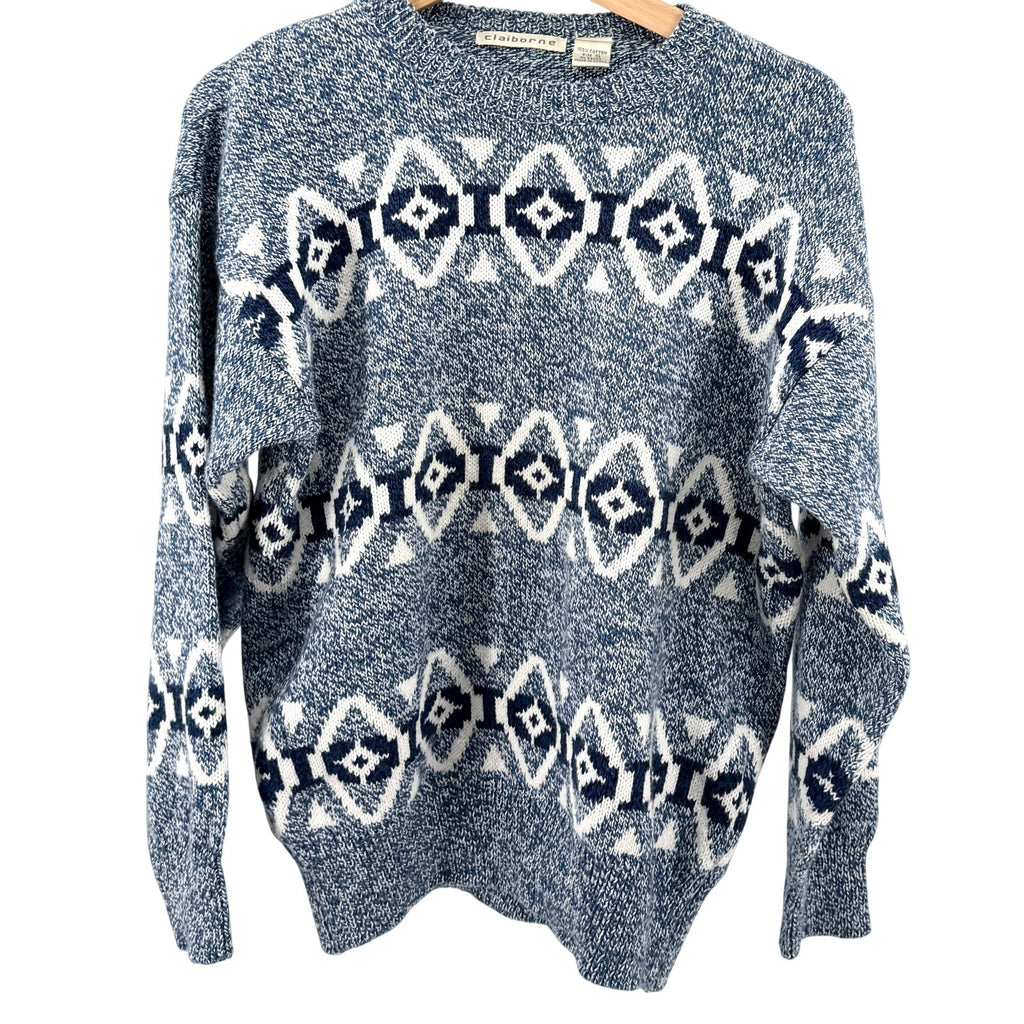 Vintage 90s Claiborne Blue 100% Cotton Geometric Fair Isle Crewneck Sweater