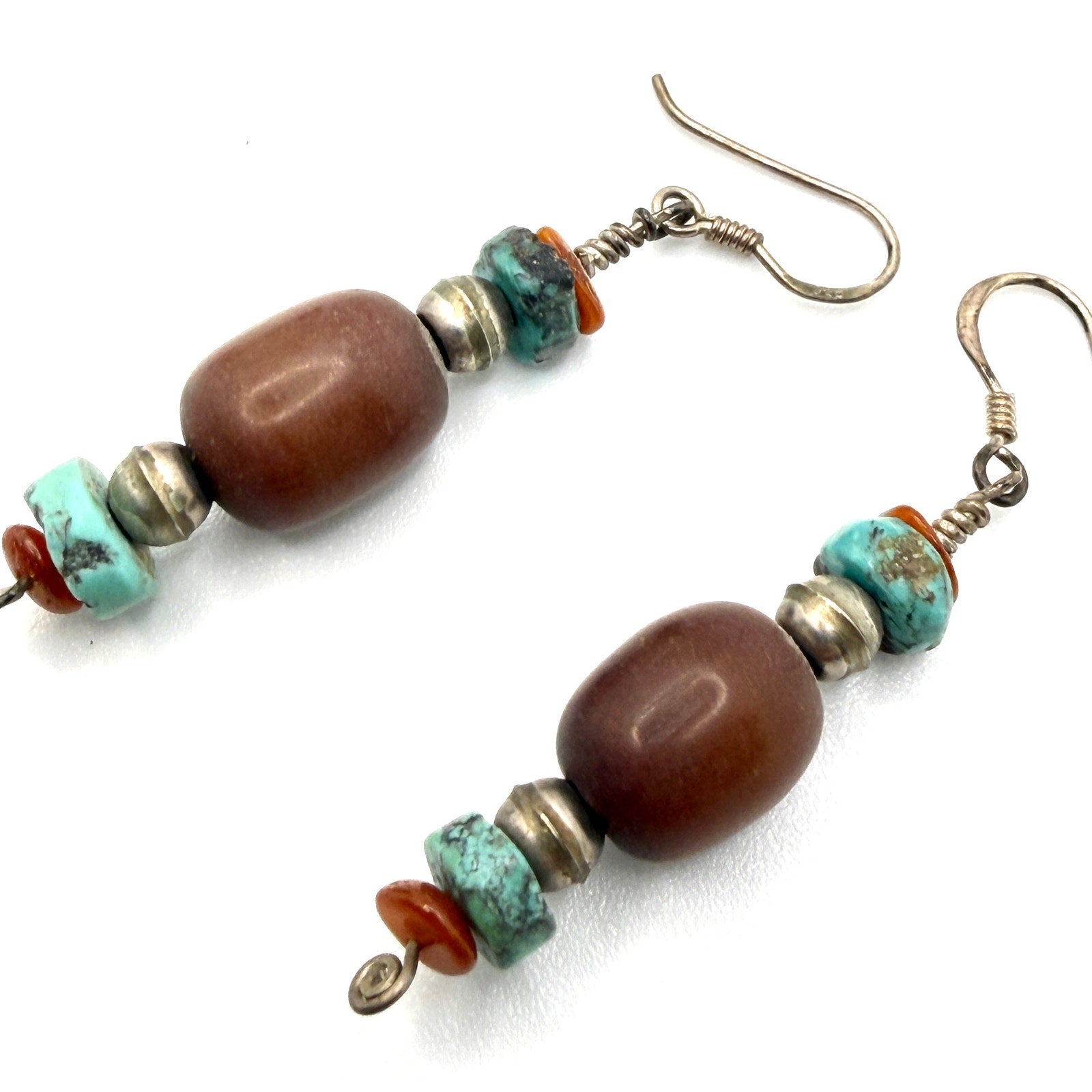 Vintage 90s Artisanal Carved Ram Turquoise Carnelian Beaded Necklace Earring Set