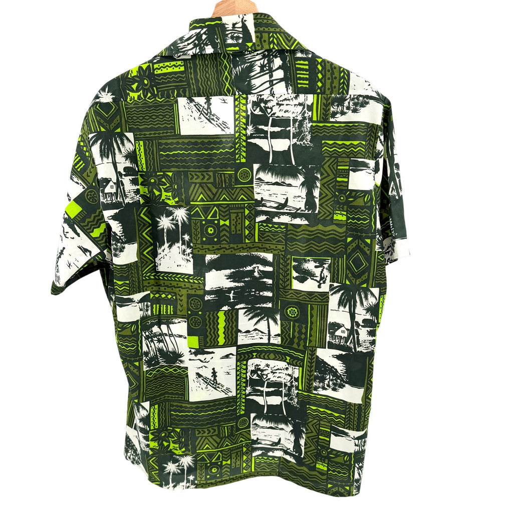 Vintage 70s Palm Tree of Branford Green Hawaiian Tiki Dagger Collar Shirt