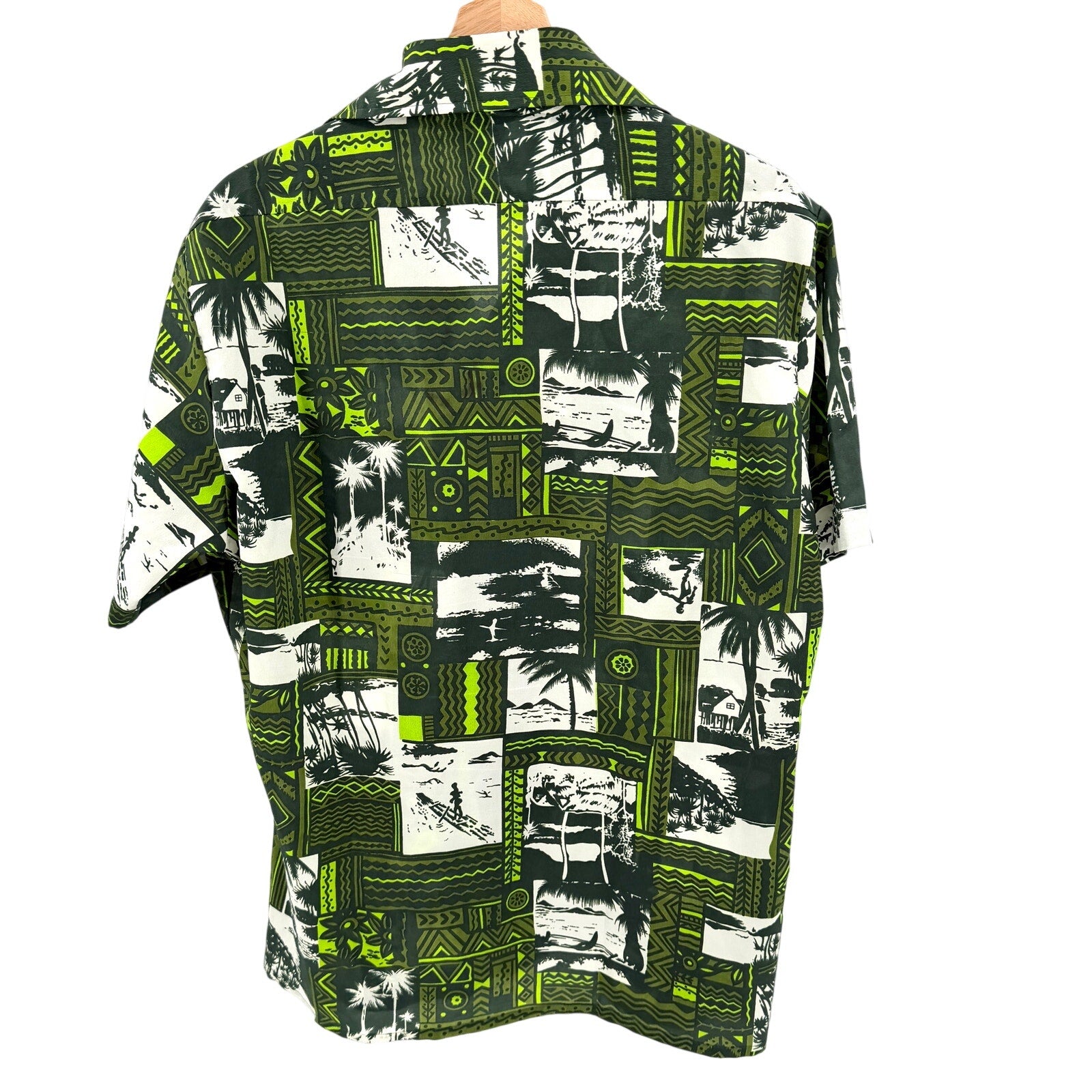 Vintage 70s Palm Tree of Branford Green Hawaiian Tiki Dagger Collar Shirt