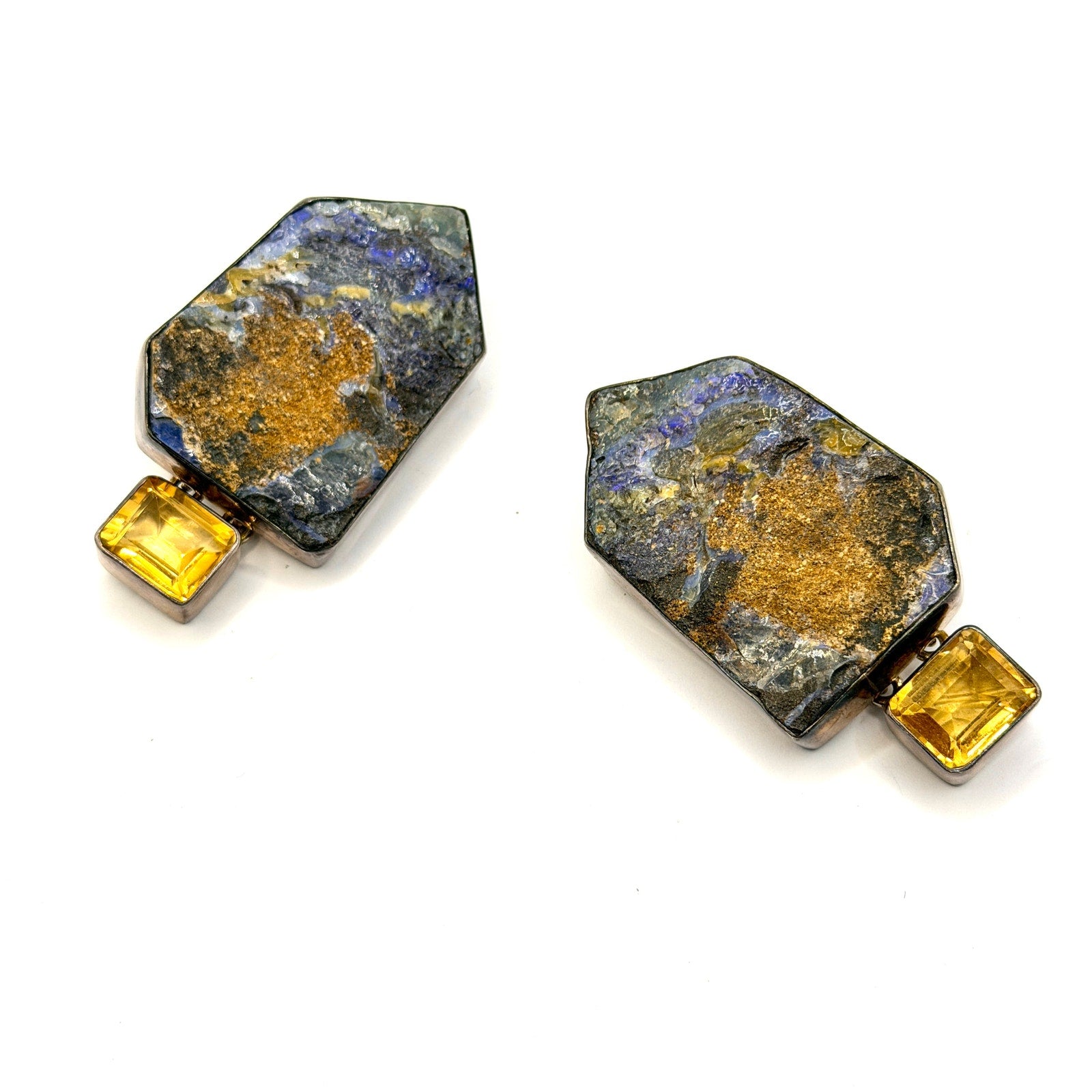 Vintage 90s Signed Amy Kahn Russell Blue Azurite Malachite Citrine Earrings