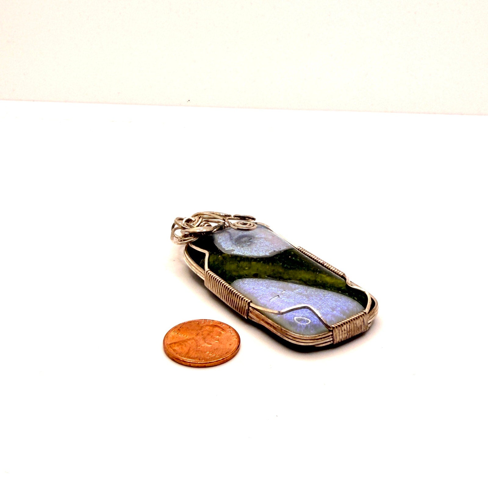 Vintage 90s Green Blue Dichroic Glass Wire Wrapped Statement Pendant