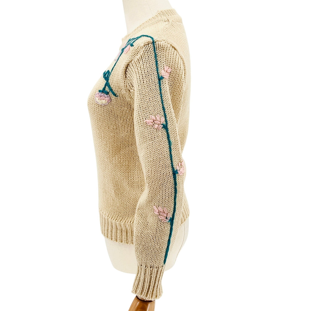 Vintage 80s Beige Teal Pink Floral Embroidered Sweater