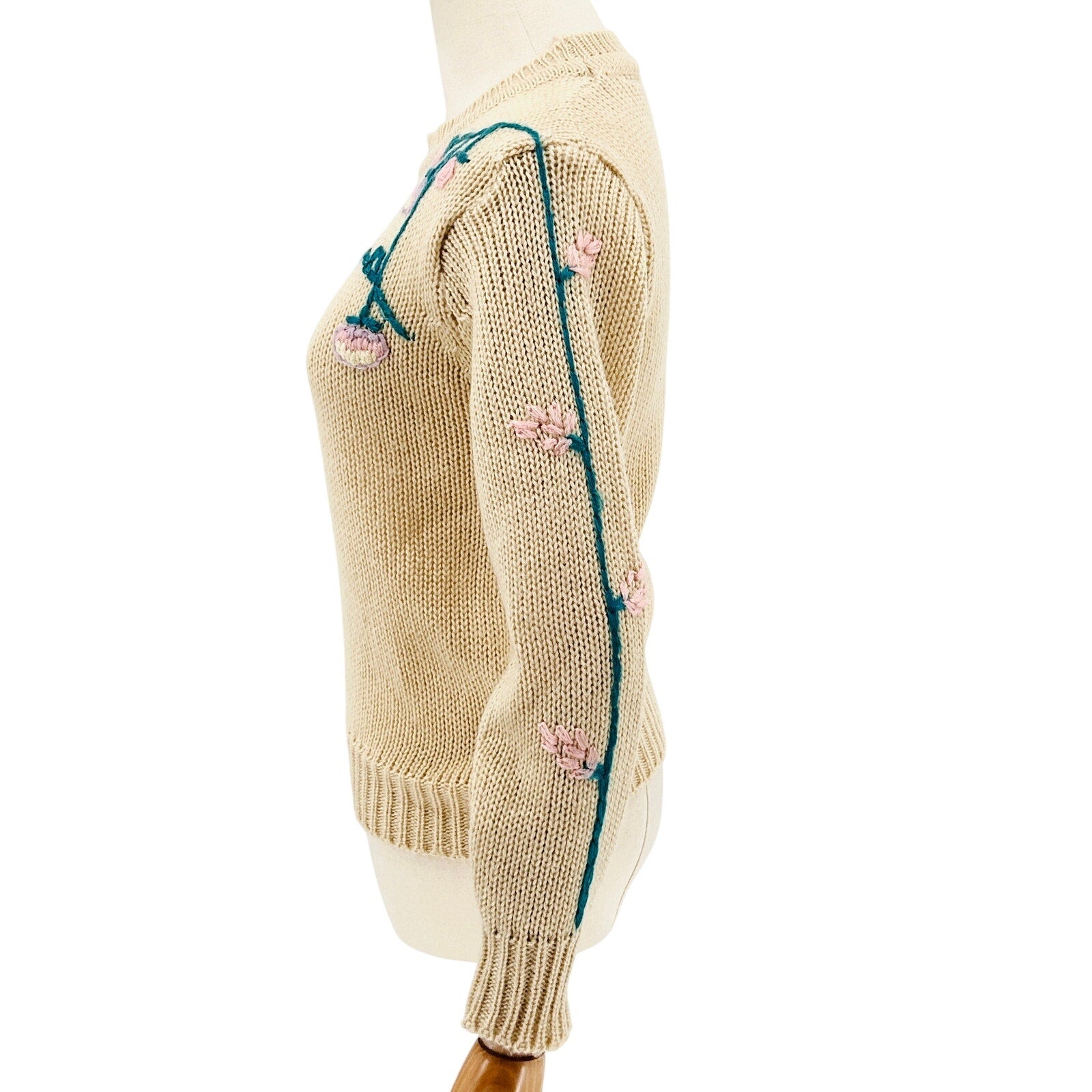 Vintage 80s Beige Teal Pink Floral Embroidered Sweater