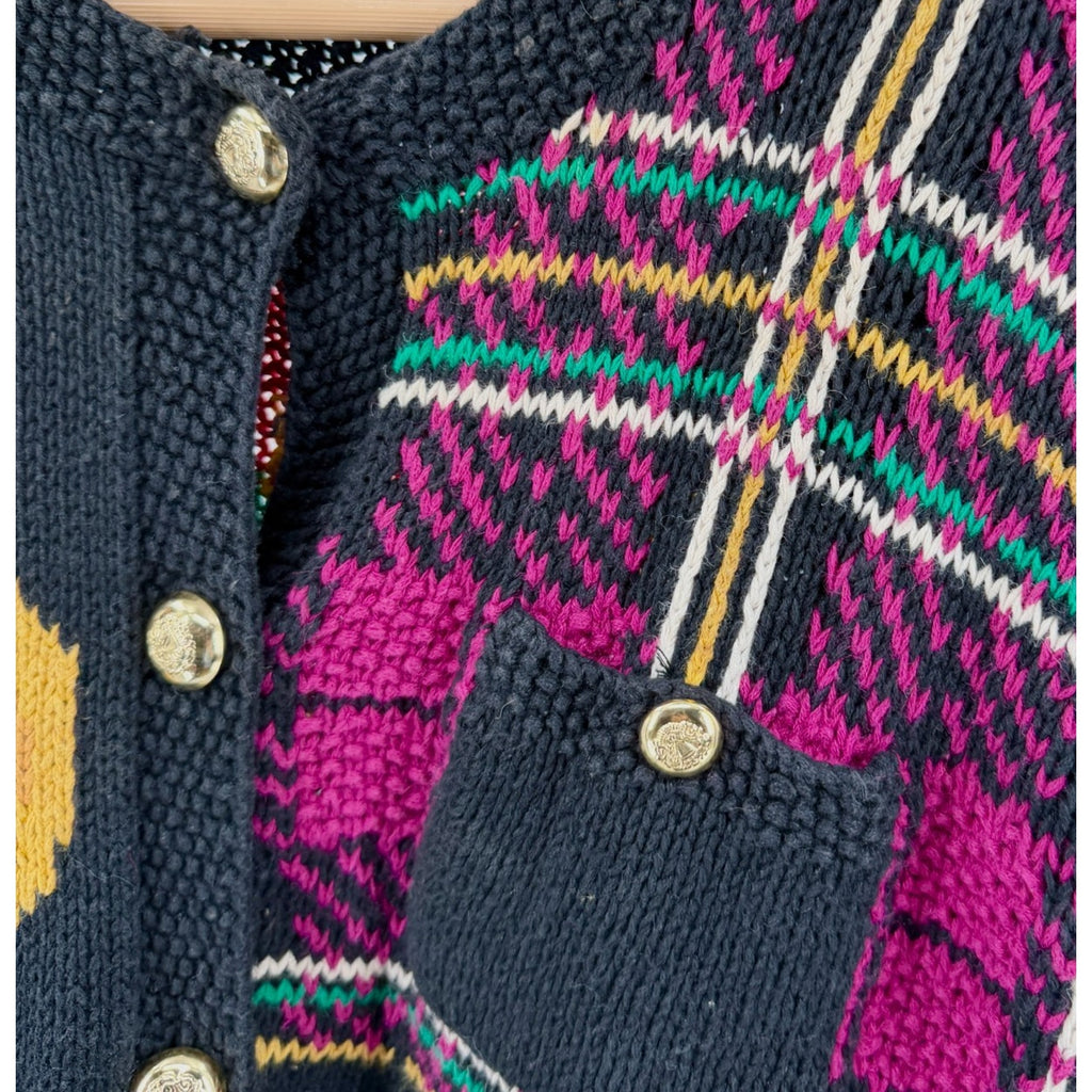 Vintage 90s Susan Bristol Black Hand Knit Novelty Intarsia Cardigan