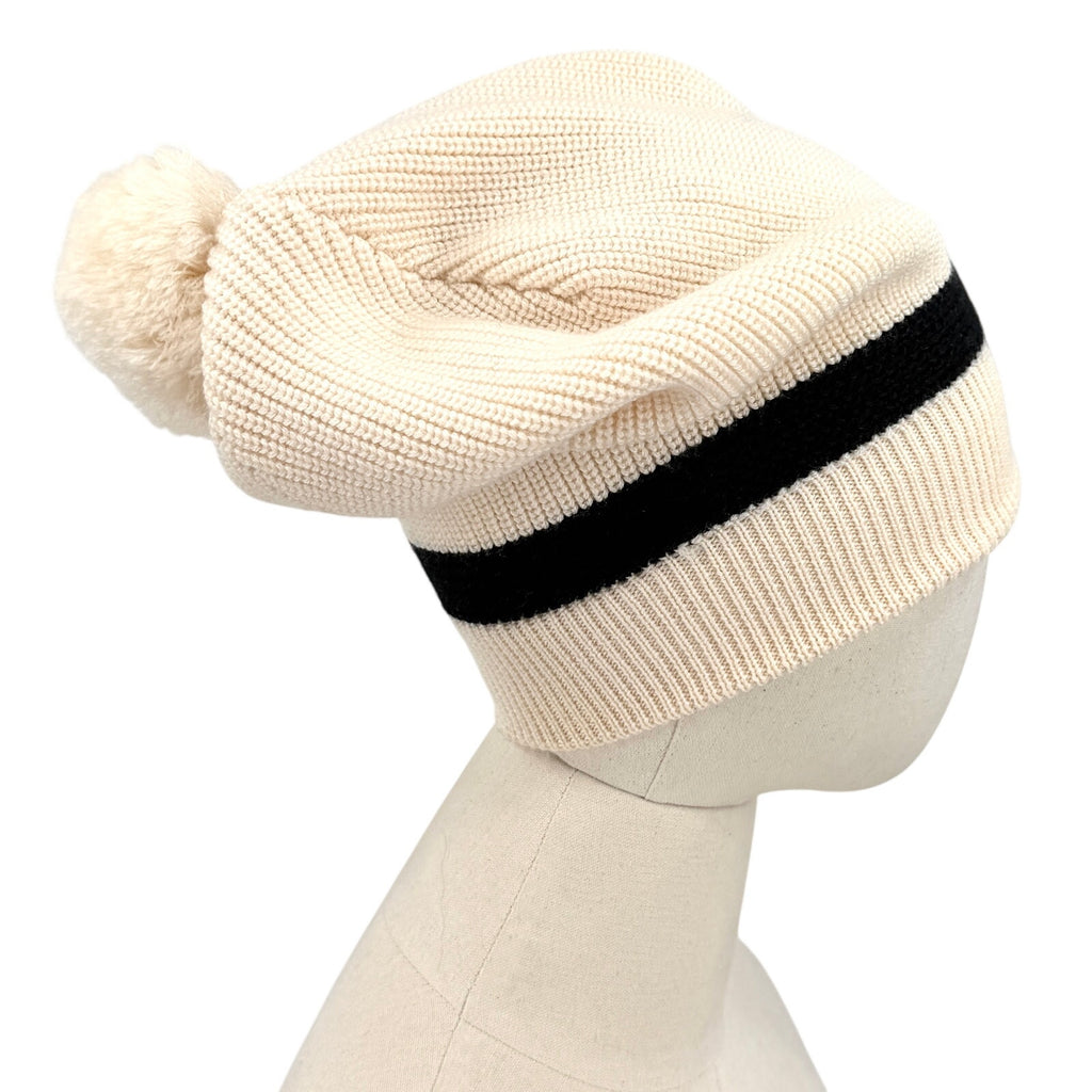Authier Cream Black Knit Stripe Pom-Pom Winter Hat Beanie